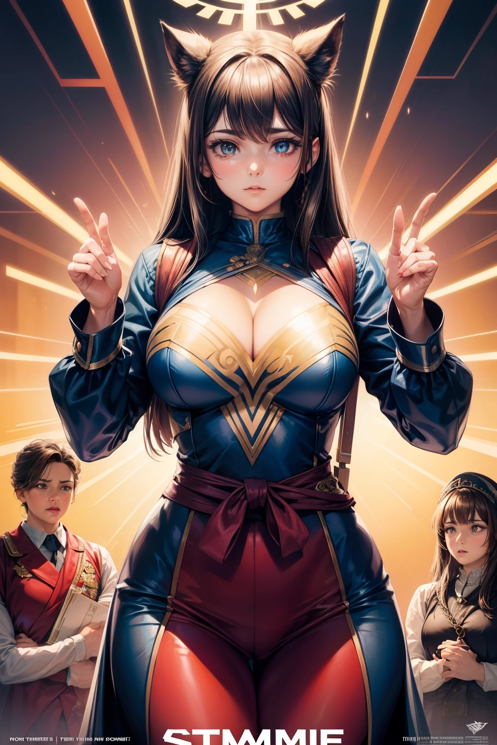 movie Poster, masterpiece, Best Quality, Standing busty mature woman, (text in "Symmetry!":1.5)