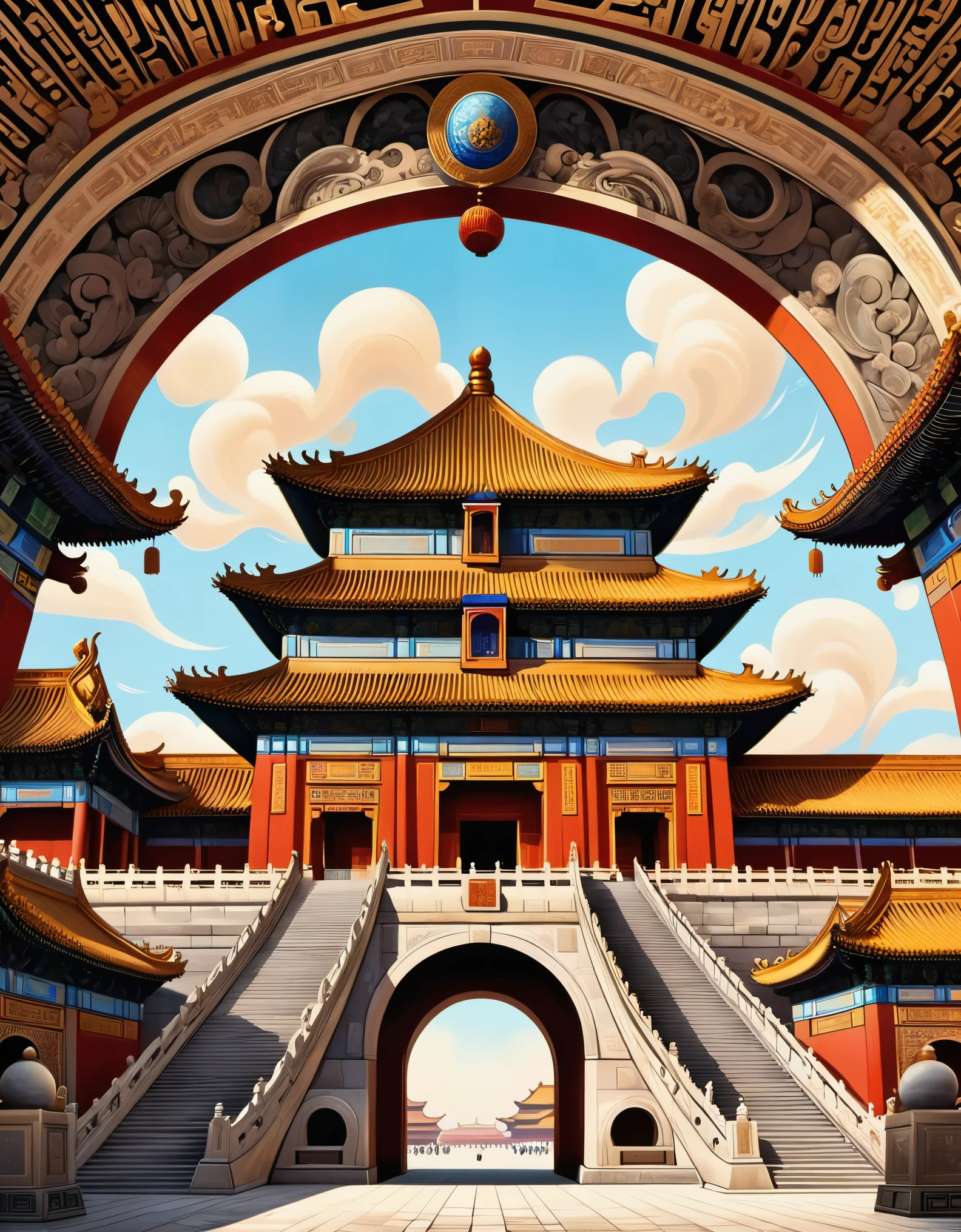 Business close-up of the Forbidden City Palace in China with flying arches, rustic renaissance realism, light blacks and browns, psychedelic surrealism, wood carvings, organic architecture 