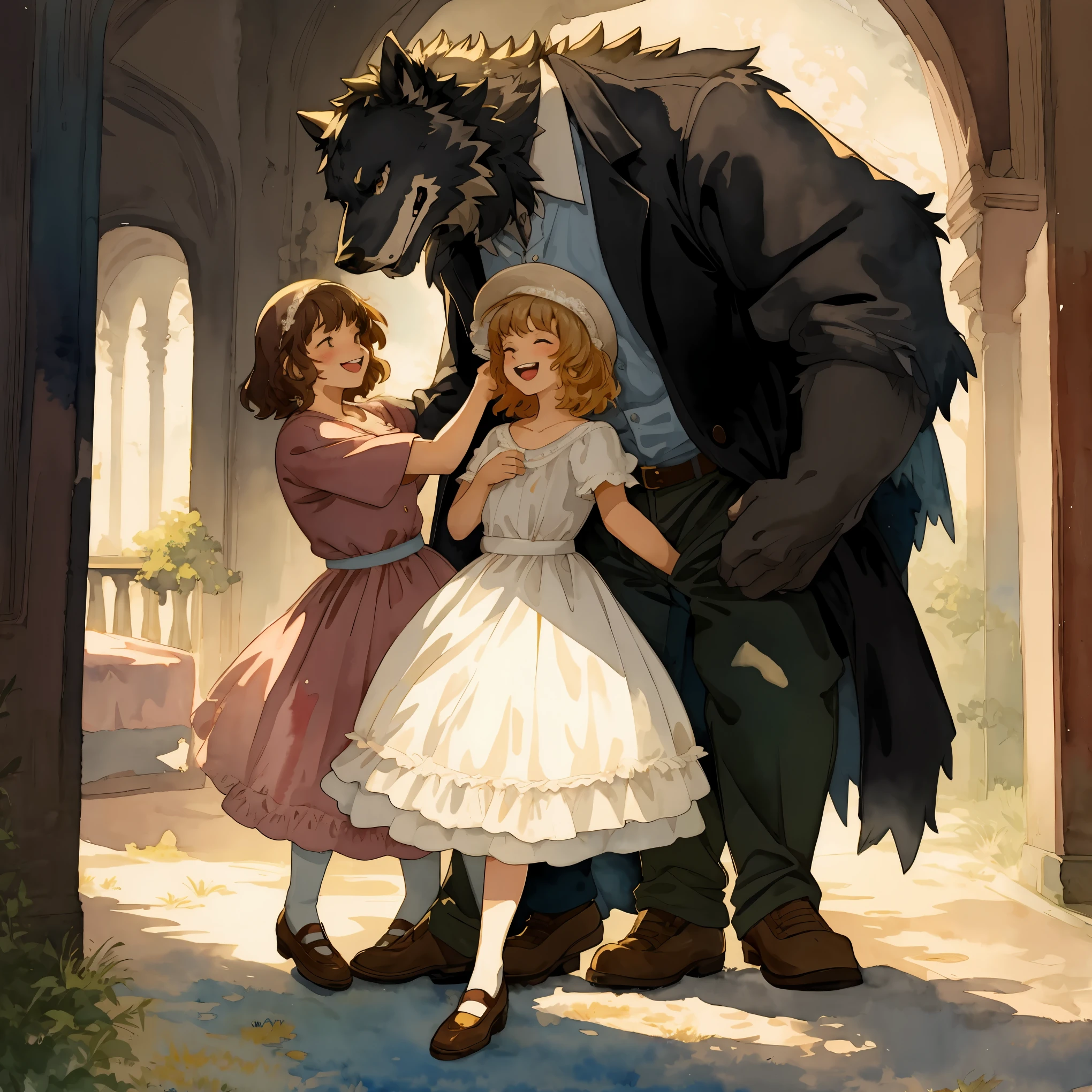 watercolor, soft color, Vintage images, highres, unparalleled masterpiece, absurdres, love story of human girl and giant Werewolf, love romance, Detectives and assistants, family photograph, pair, Height difference, Physical difference, perfect anatomy, smile, joyful, play with, smile, happy, watercolor,