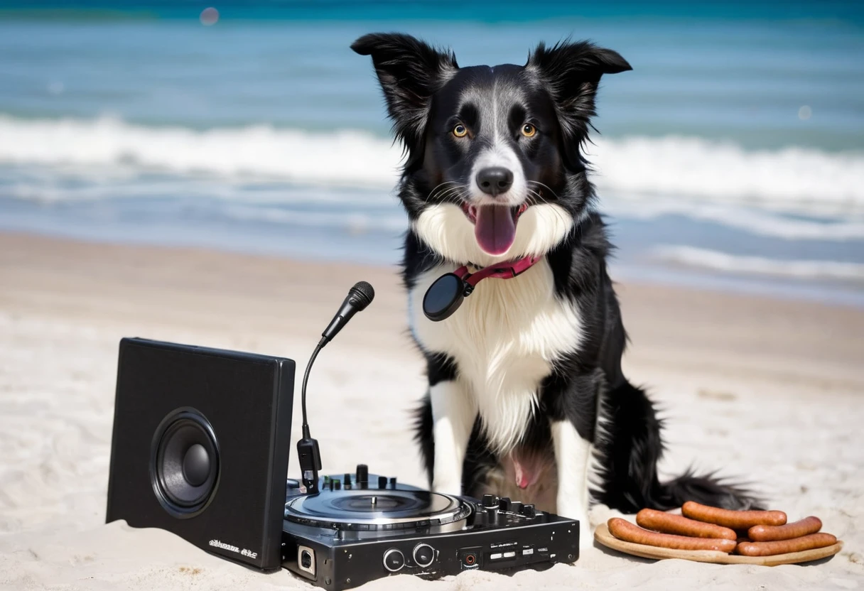 Border collie as DJ at rave party, Seamus, progressive, prog