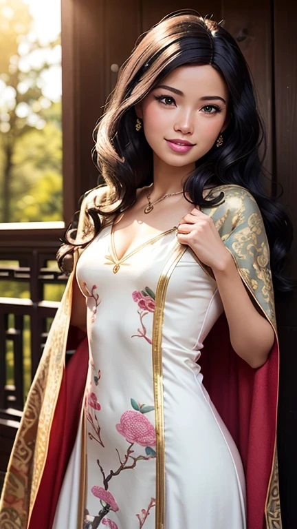 ((best quality: 1.5)) ((masterpiece: 0.8)), intricate details, sharp focus, professional, photorealistic, real life, realistic representation of the face, ((((solo, 1girl) muscular assassin, golden hour, (indian, smiling, god rays, [flat chest:medium breasts:0.6])))) dynamic action pose, homely face, in the style of realistic and hyper detailed renderings, mountain top, evening, setting sun, solo, BREAK; BREAK (((black wavy hair))), (blemish: 0.7), ((fujicolor)), BREAK; BREAK ((((barbie face, (chinoiserie summer dress), cloak)), photorealistic, hyper-realistic))