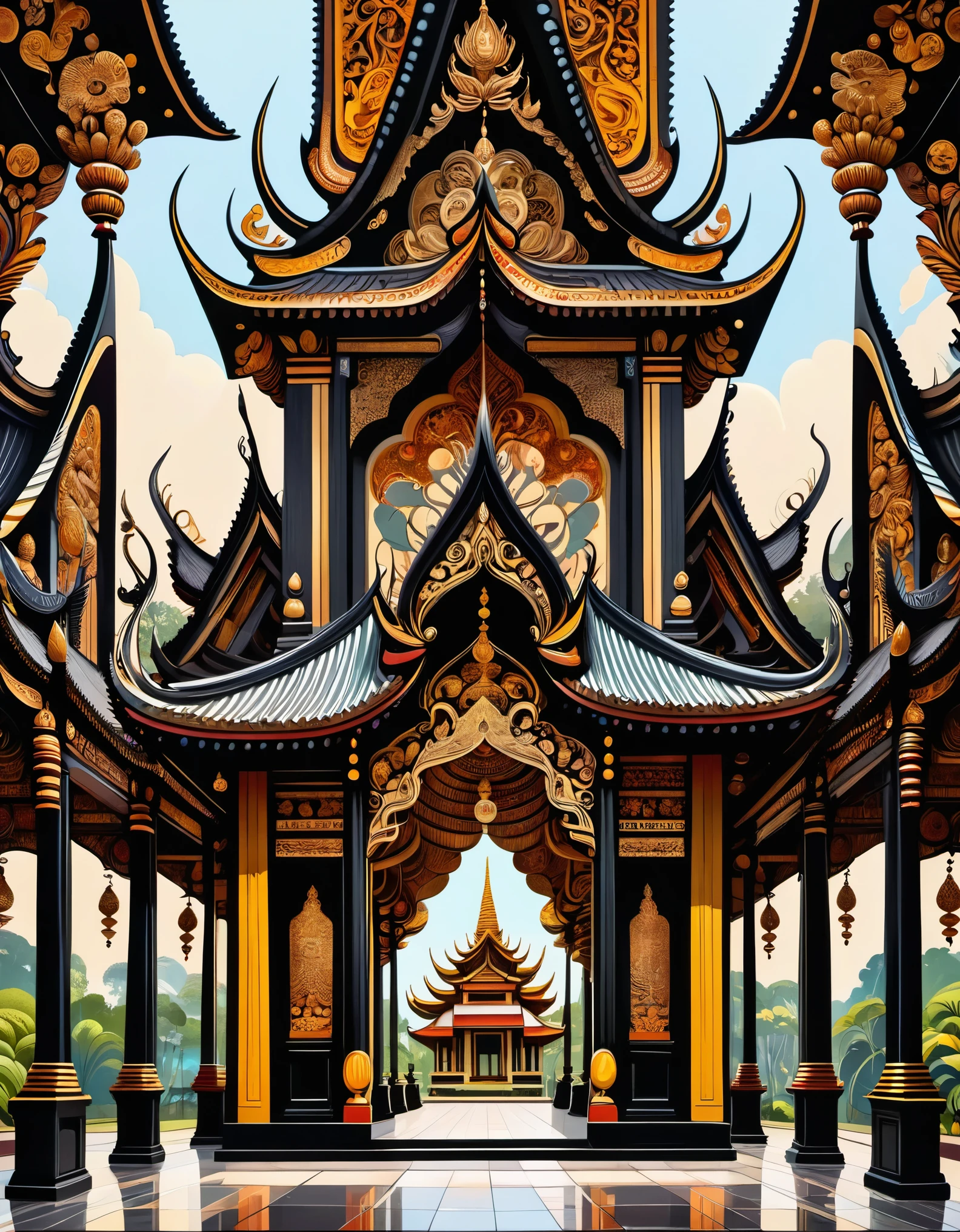thailand's kings' palace, in the style of rustic renaissance realism, light black and brown, psychedelic surrealism:, hall of mirrors, traditional vietnamese, wood sculptor, organic architecture