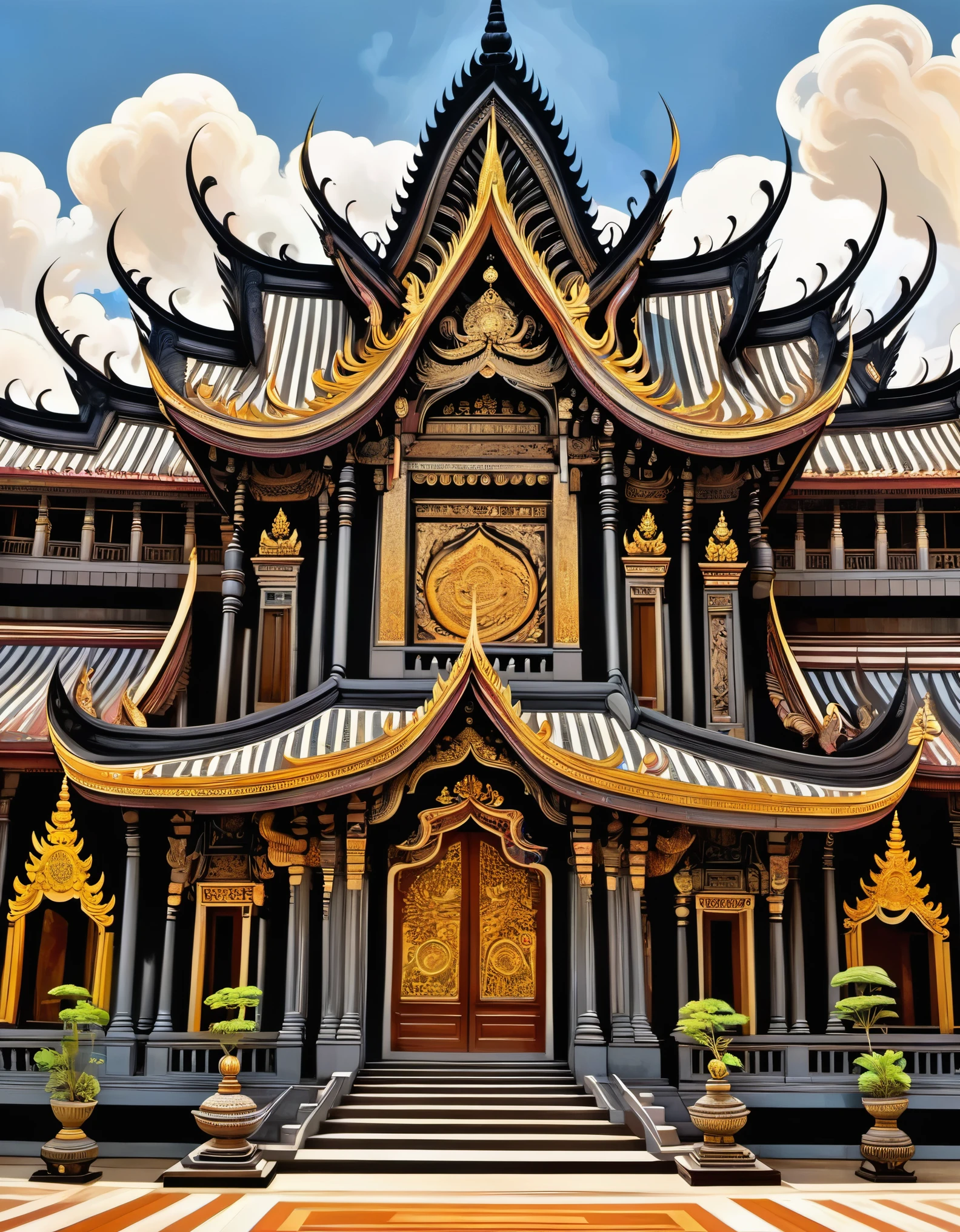thailand's kings' palace, in the style of rustic renaissance realism, light black and brown, psychedelic surrealism:, hall of mirrors, traditional vietnamese, wood sculptor, organic architecture 