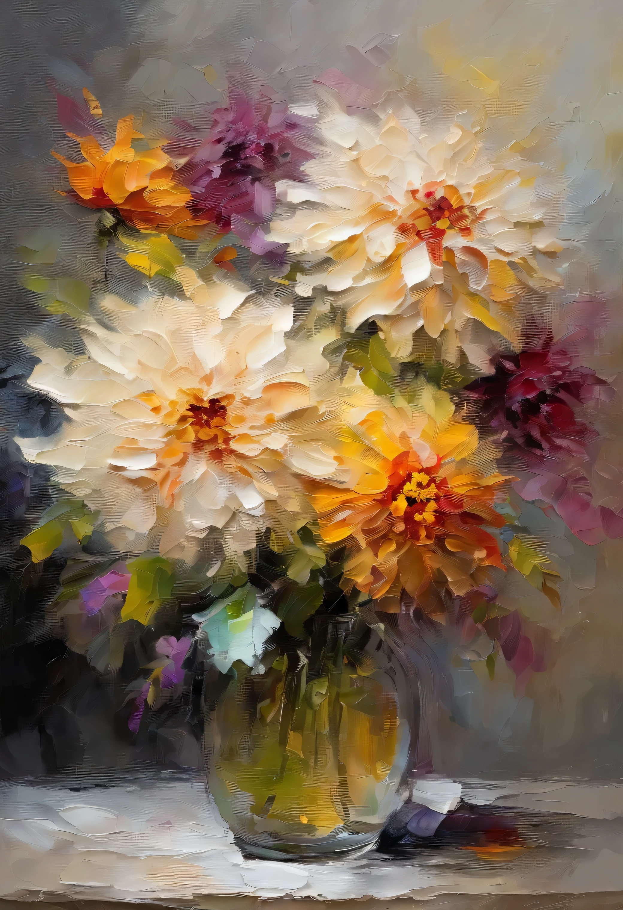 A beautiful Dahlia flower arrangement in a vase on table, inspired by Pino Daeni, vintage scenery, sketch, drawing, or watercolor artwork impasto style. Perfect reflections. Abstract impasto background, light beige color only