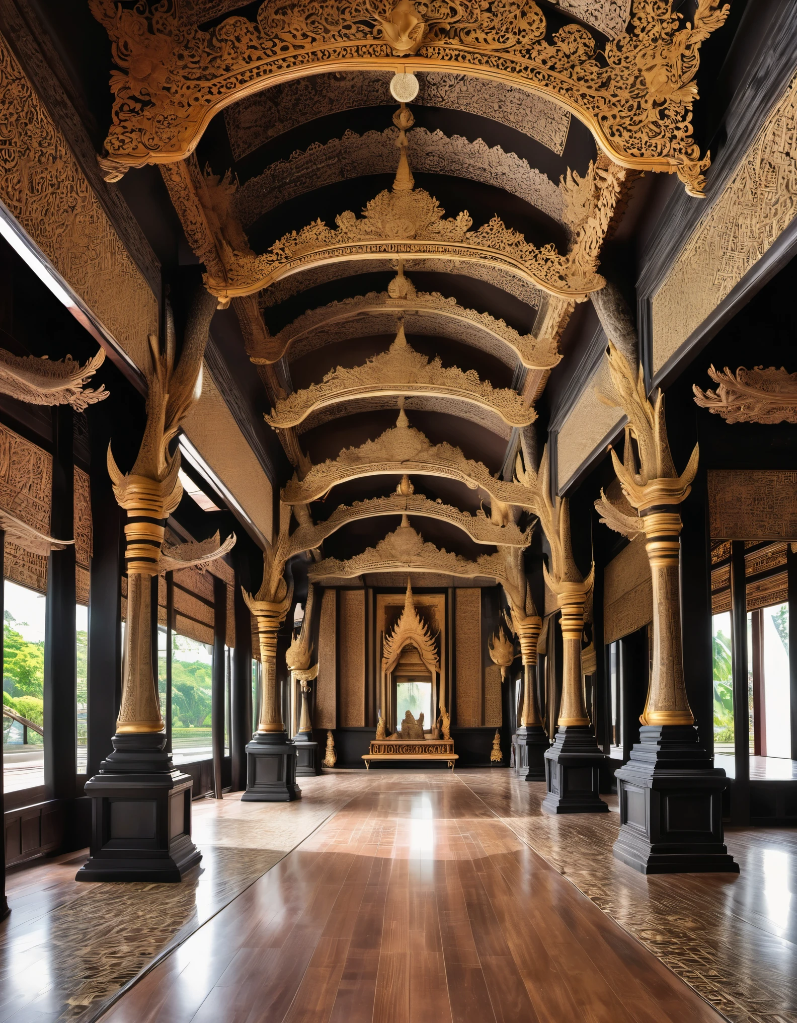 thailand's kings' palace, in the style of rustic renaissance realism, light black and brown, psychedelic surrealism:, hall of mirrors, traditional vietnamese, wood sculptor, organic architecture 