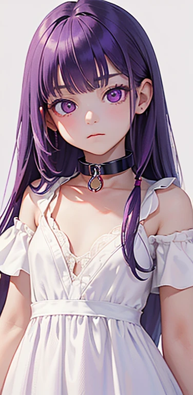 (8K、highest quality、masterpiece:1.2)、super resolution、Realistic、(1girl) 、(purple hair)、long straight hair,red eyes、(forehead:1.2),(face focus,cowboy shot),(white simple dress :1.5)、(clear face:1.3),(cute face)、,small breasts,(slave collar:1.5)
