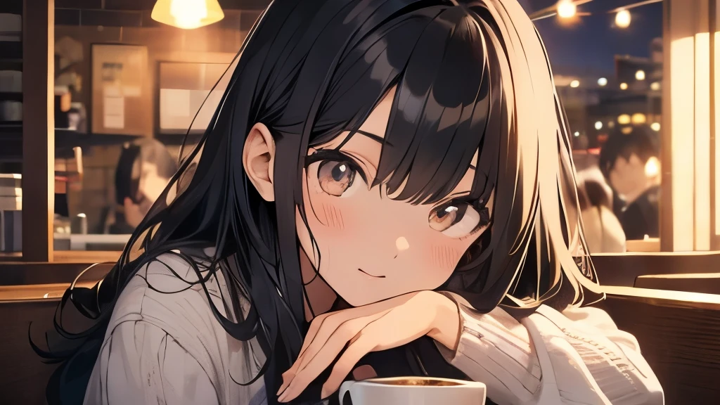 20歳のIdol、hair is black、long hair、eyes are big、Idol、coffee shop、sitting、night、close up of face、