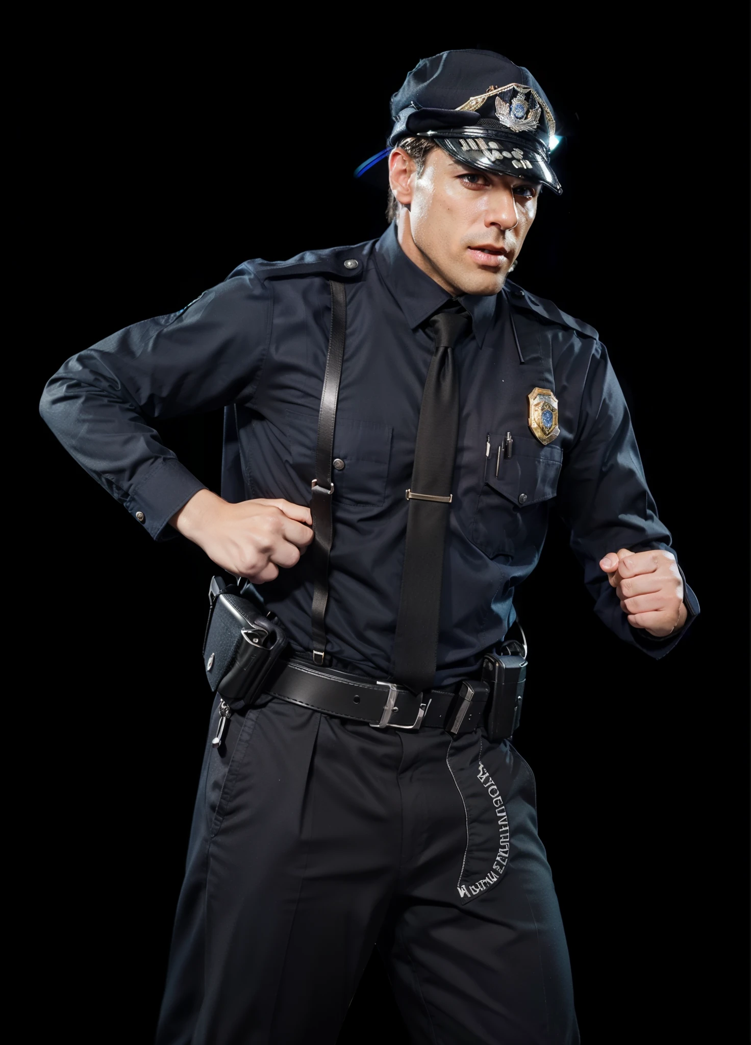 police man in black uniform with black tie and cap, American. police officer, police officer running, police man!!, outfit: cop, security agent, wearing a police uniform, police  light, beautiful light, best quality, 4k, masterpiece:1.2, ultra-detailed, realistic, vivid colors, The image of the highest quality, ensuring every detail showcased perfectly. It in 4k resolution, allowing viewers to immerse themselves in the richness of the colors and intricate details. The realistic rendering. sunlight, reflecting, high-resolution image, sharp post effects render, (glossy plastic texture with multiple big light probe refractions), perfect cgi, smooth silhouette, high intensity refraction, (super glossy plastic material), most beautiful vfx, , realistic, 4k,