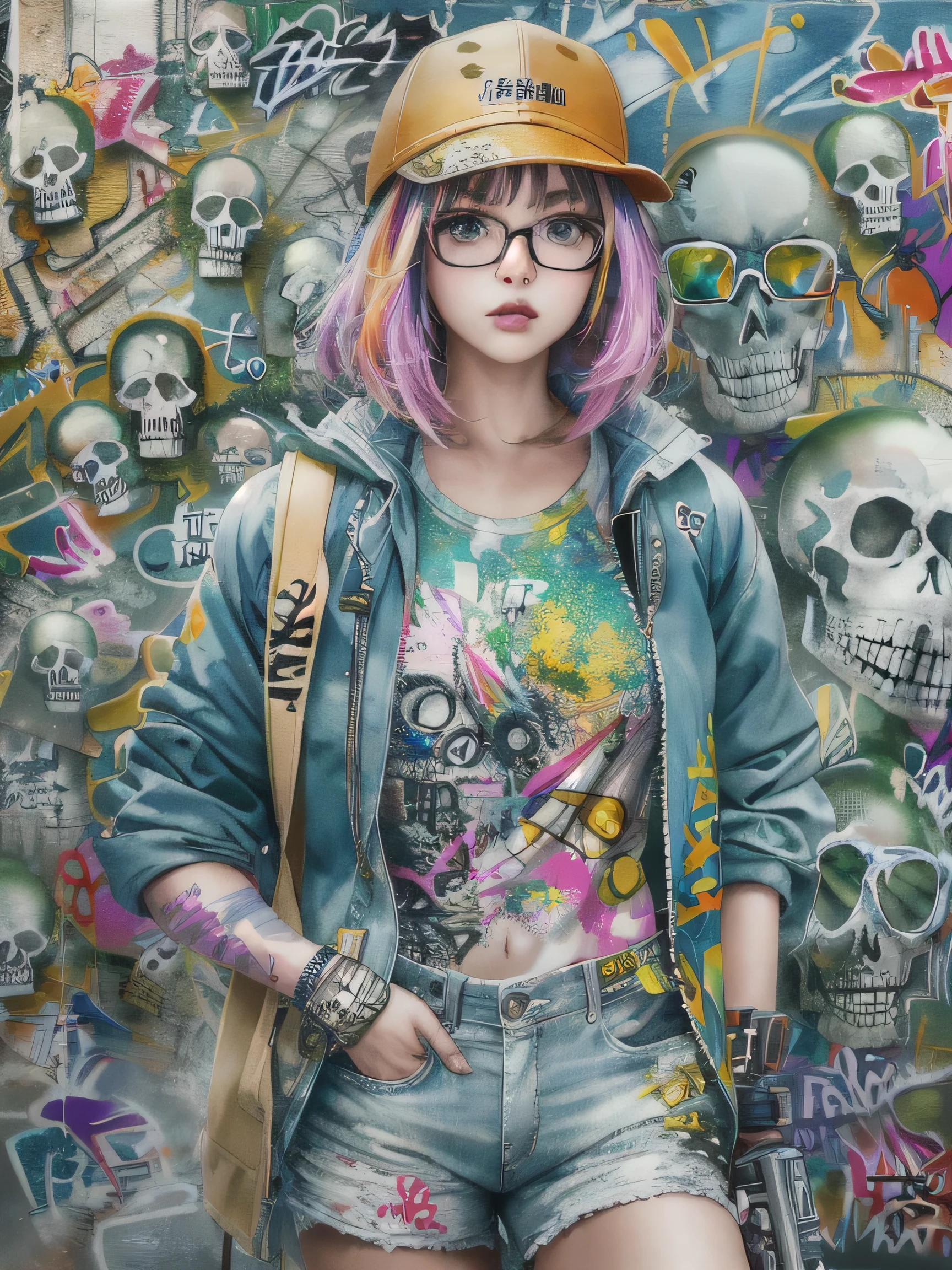 8K quality, watercolor painting, stylish design, (((The strongest beautiful girl of all time))), (((Japanese))、clear, stylish glasses, Fashionable hats, (((highest quality))), bob hair, HDR, ((Detailed details)), skull fashion、, detailed clothing texture, (((graffiti art))), colorful hair, ((masterpiece))、((Super detailed))
