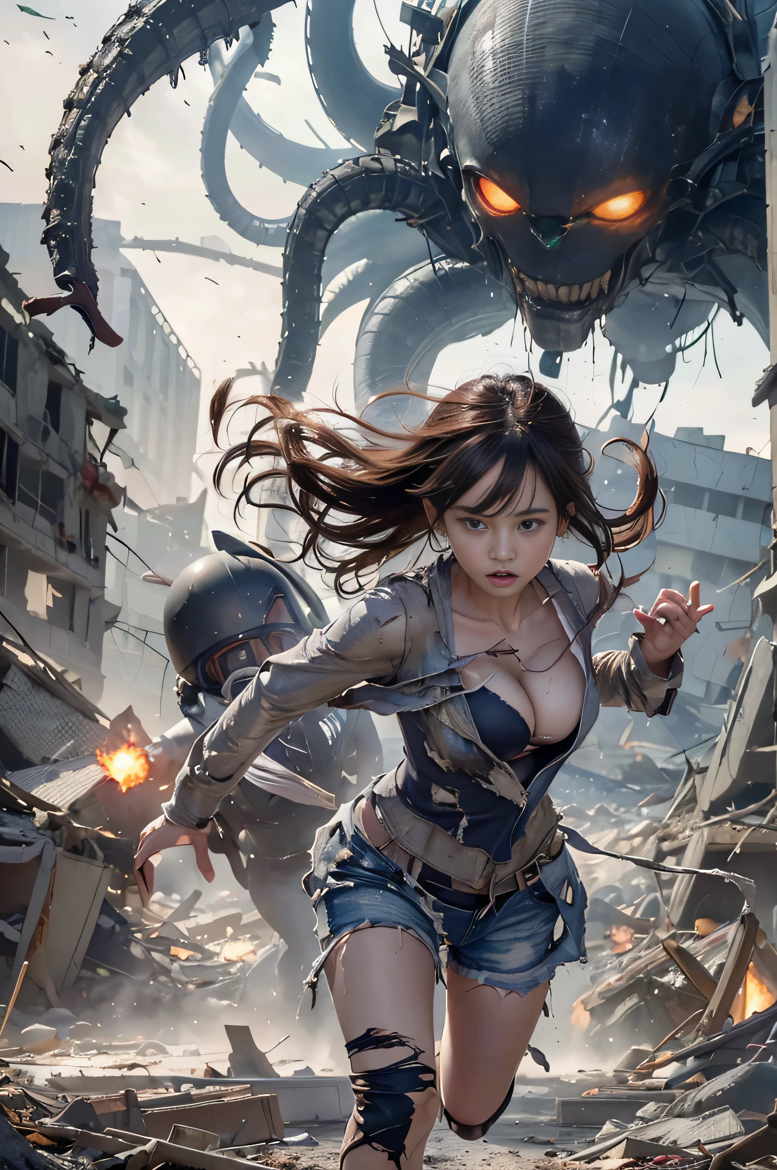 (((RAW image quality:1.4))), movie heroine "evil black alien". A woman is chased by a giant wet alien that glows yellow.., cute japanese woman、Desperately escape from giant aliens in a devastated metropolis.., , messy brown hair, Tattered pilot suit, (torn clothes:1.4), ((cleavage:1.4)), (running through the rubble:1.4). crumbling building, burning flame, explosion、white skin, smooth skin, (amazingly beautiful face:1.4), become familiar with, realistic, 8k. Many black tentacles attack her..., biologically correct woman, negative prompt. Rainy night, blurred background,