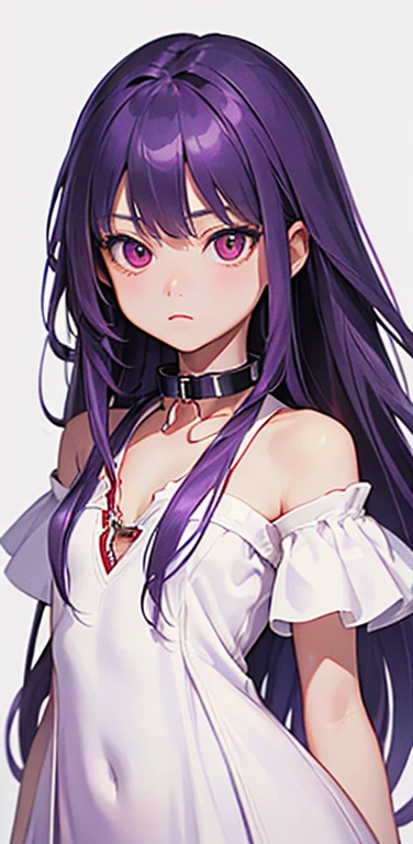 (8K、highest quality、masterpiece:1.2)、super resolution、Realistic、(1slave girl)  、(purple hair)、long straight hair,red eyes、(forehead:1.2),(face focus,cowboy shot),(white simple dress :1.5)、(clear face:1.3),(cute face)、,small breasts,(slave collar:1.5)