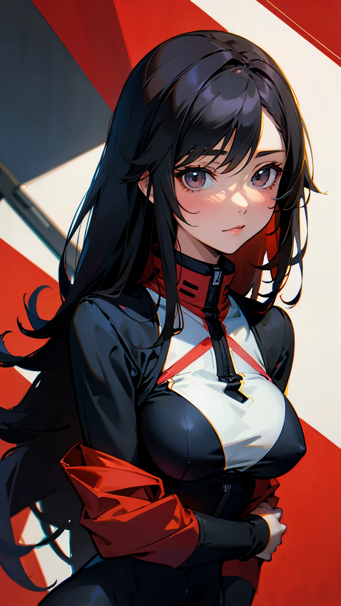 long black hair、Beautiful woman、black eyes,red pilot suit、gundam、Aina、breast enhancement、anime touch、hand drawn、classic、watercolor painting