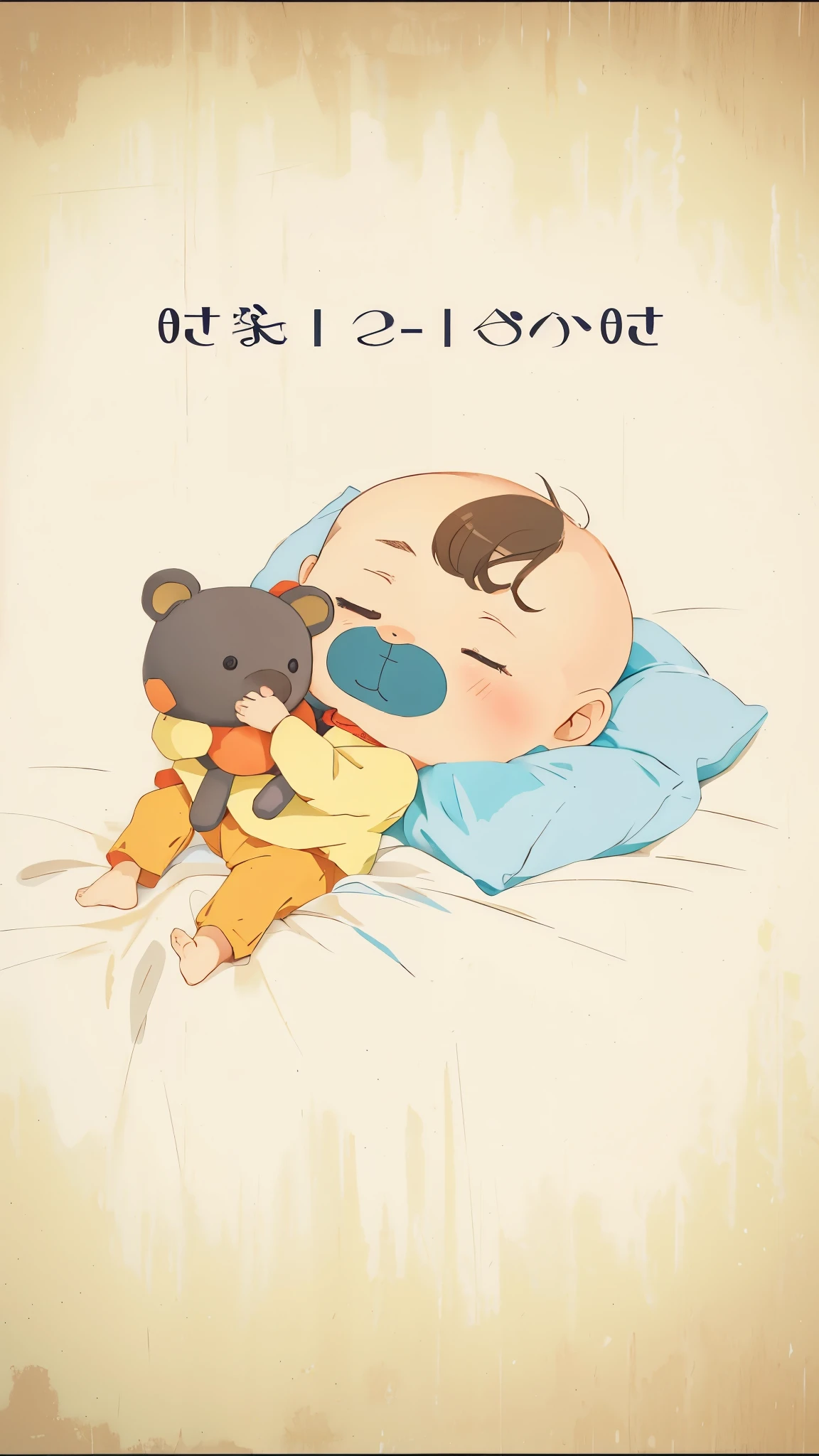 There is a baby and a teddy bear in the photo, Holding a teddy bear, animated illustration style, 可爱illustration, child们 illustration, sleep, digital illustration, animation stills, child们s illustration, Sleepy, User photo, child们\illustration, animation stills, digital illustration -, child, lovely artwork, Sleepy feeling, cute boy, cartoon illustration, child们illustration