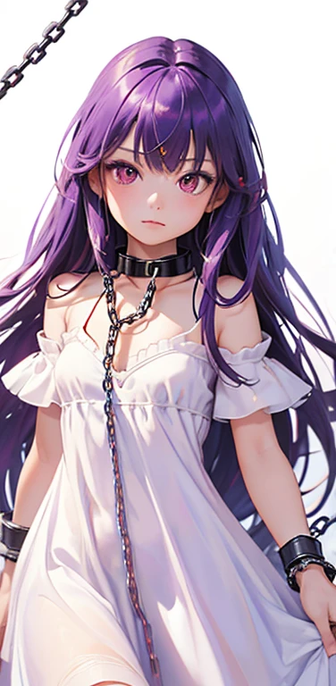 (8K、highest quality、masterpiece:1.2)、super resolution、Realistic、(1slave girl)  、(purple hair)、long straight hair,red eyes、(forehead:1.2),(face focus,cowboy shot),(white simple dress :1.5)、(clear face:1.3),(cute face)、,small breasts,(chain,slave collar:1.5)