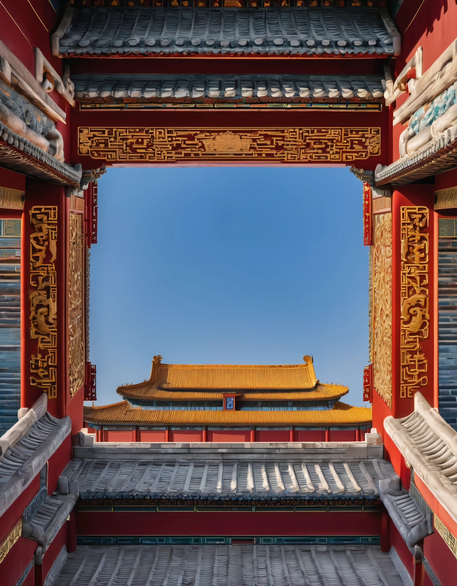 Close-up of the &quot;bucket&quot; eaves of the Forbidden City，symmetry，symmetry, polar opposites, close-up, macro photo, f/1.2, Sony FE, UHD, ccurate, masterpiece, high details, high quality, award winning, best quality, highres, 16k