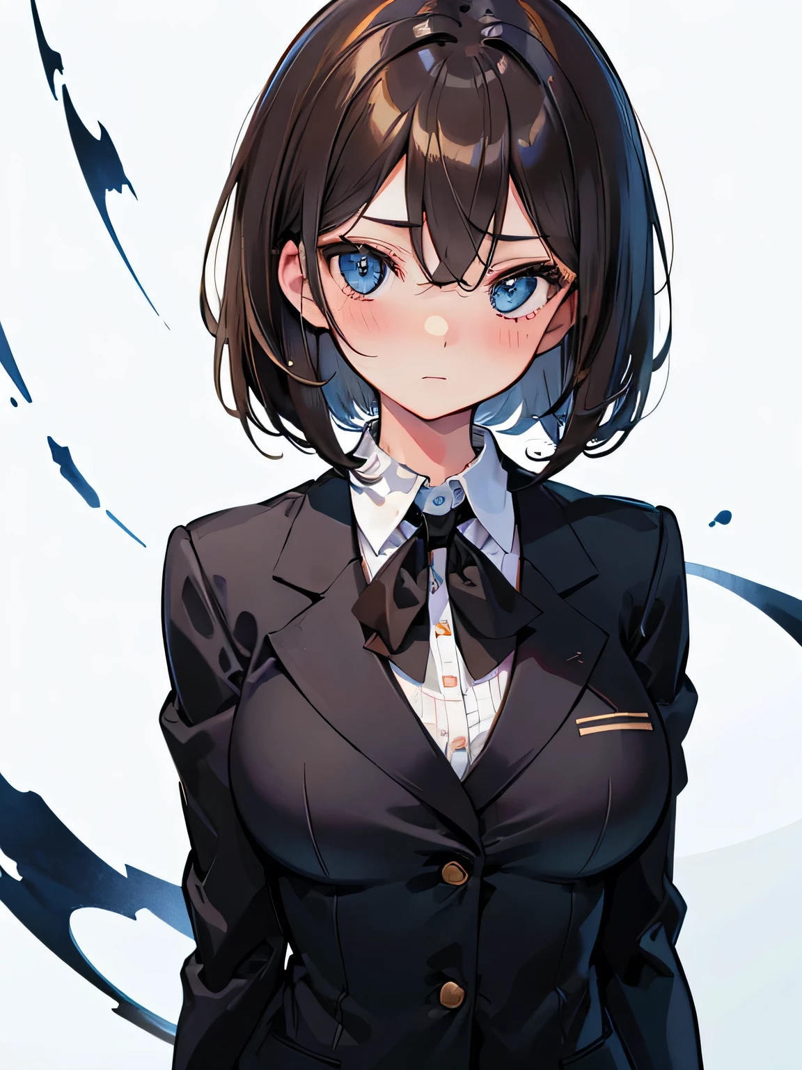 (highest quality), (Super detailed), (Best Illustration), (beautiful girl), (From before), (Upper body), (black blazer), (big breasts), brown hair, bob cut, hair between eyes, messy hair, blush all over the face, blue eyes, ((white background)),