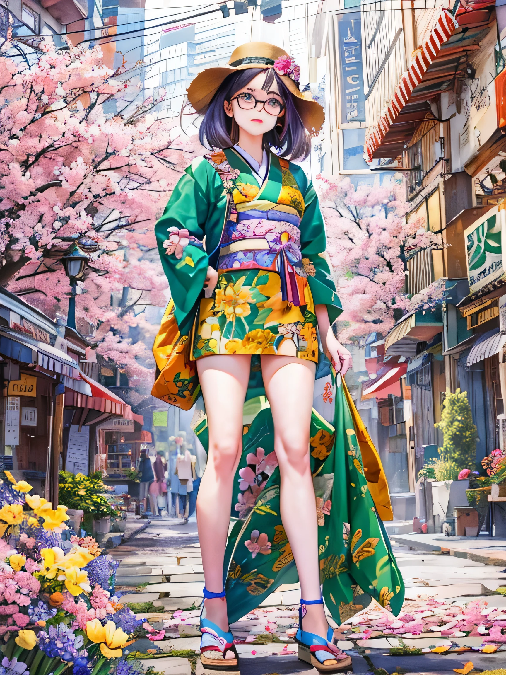 8K quality, watercolor painting, stylish design, (((The strongest beautiful girl of all time))), (((Japanese)))、AKB48、stylish glasses, Fashionable hats, (((highest quality))), bob hair, HDR, ((Detailed details)), stylish fashion, detailed clothing texture, (((spring street corner))), colorful hair, ((masterpiece))、((Super detailed))、colorful flowers、