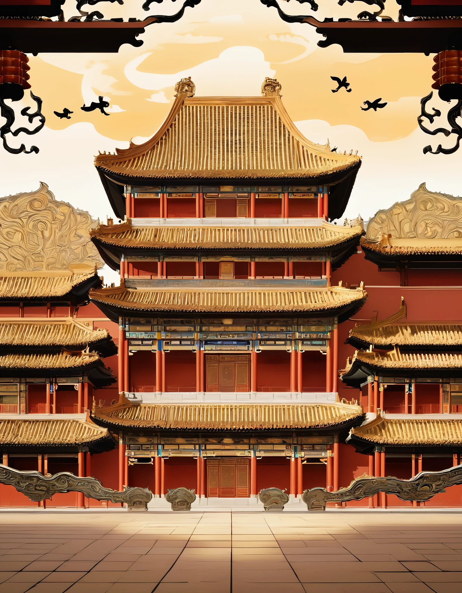 (detailed closeup,focussed view,prominent:1.3)Symmetrical, intricate and elaborate flying eaves of "Dou Gong" in China's Forbidden City, positioned below the roofs and between the beams and pillars. The layers of "Dou Gong" protrude one after another, serving as a crucial element connecting and transmitting the load. (architectural marvel,Chinese architectural wonder,exquisite craftsmanship:1.1)Detailed portrayal of the "Dou Gong" with its delicate carvings, ornate patterns, and precise joinery. (best quality,4k,8k,highres,masterpiece:1.2),ultra-detailed,(realistic,photorealistic,photo-realistic:1.37) rendering of the flying eaves showcasing their intricate details and sophisticated design. (harmonious color palette,subtle color tones,vivid hues:0.9)Elegant color scheme enhancing the beauty and harmony of the scene. (natural sunlight,soft diffused lighting:1.1)Soft, natural sunlight casting gentle shadows and illuminating the "Dou Gong" with a sense of warmth.