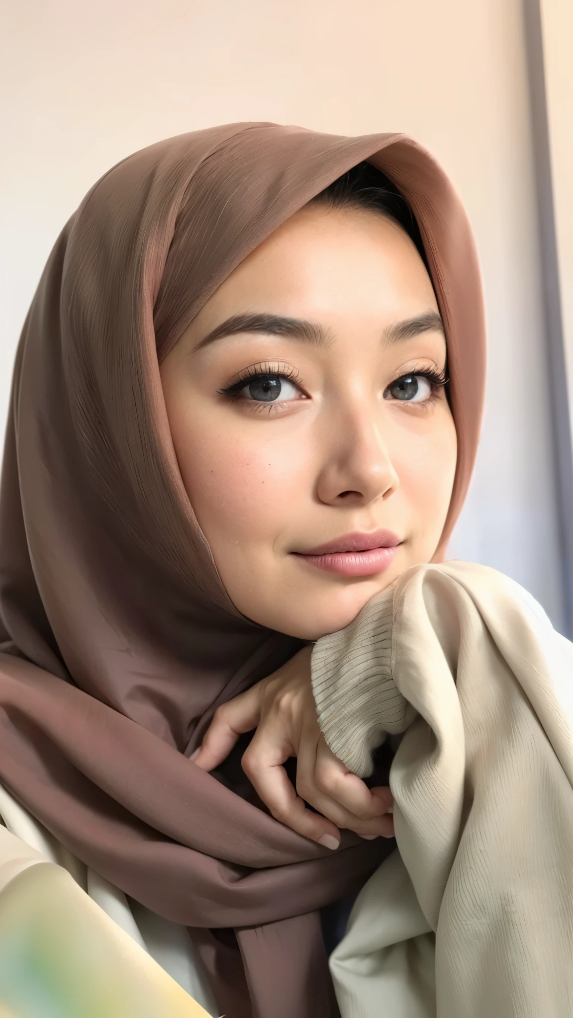 masterpiece, (ultra-high-definition portrait:1.4), Realistic, extremely detailed, CG unified, 8k, Clean lines, highly detailed, High-definition, raw color photos, she is smiling, Realistic portrait, Cinematic Light, Beautiful detailed, 1hijabgirl indonesian, (165cm tall, big breasts with very very tight clothes:1.5), Beautiful big breasts, breasts details, very tight, (Biggorgeous eyes, Soft smile with lovely look:1.5), (Fine face:1.4), Close up of a girl in Beautiful clothes with errcted nipple, biggorgeous eyes, Soft smile, scarf, (Beautiful Tight Clothing with curvaceous body:2), pose 4 of 1 6, Undress, No bra, (nipples that are clearly sticking out detail:1.2), Outdoors, high intricate detailed, float, cum on, Sense of truth, beautiful landscape forest, sexy lighting,