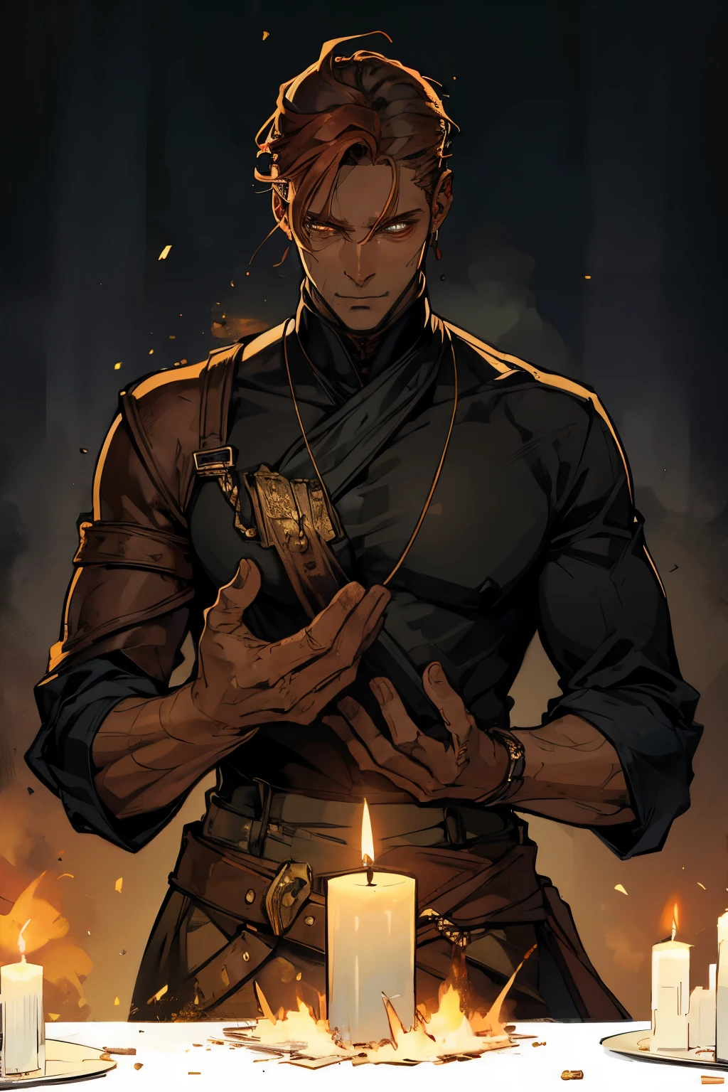 young man, Artificial Creature, construct-candle, wax body, copper hands, burning eyes, fantasy,