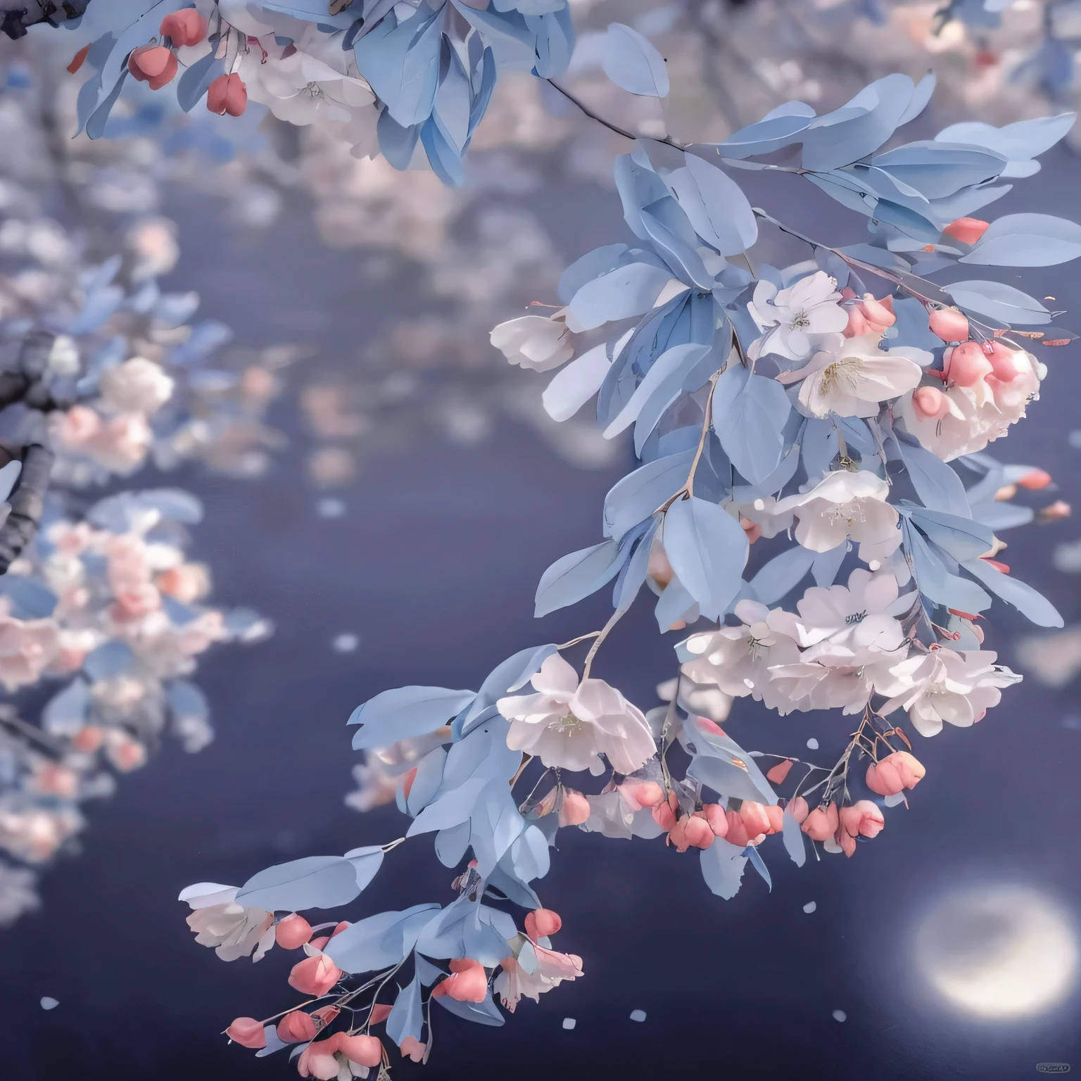 A photo of pink and white flowers on a tree, Surreal Flower of Wisdom, flowing sakura silk, Flowing cherry blossom colored silk, 4k HD wallpaper, background artwork, Gorgeous wallpaper, cherry blossoms falling, Detailed trees blooming, beautiful wallpaper, sakura flower, flowers and blooms, bloom, blooming flowers, floral environment, blue and pink