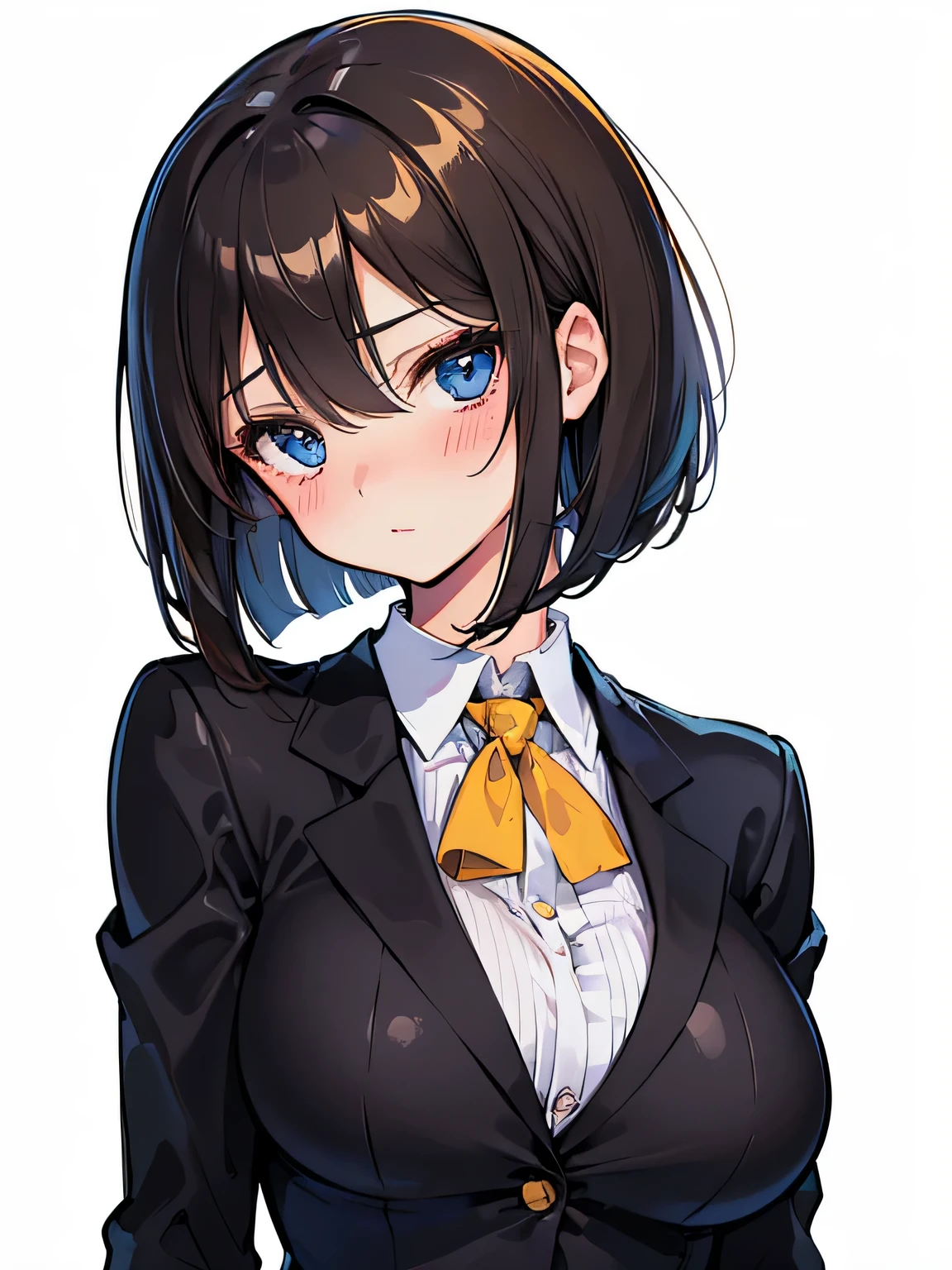 (highest quality), (Super detailed), (Best Illustration), (beautiful girl), (((From before))), (Upper body), (black blazer), (big breasts), brown hair, bob cut, hair between eyes, messy hair, blush all over the face, blue eyes, ((white background)),