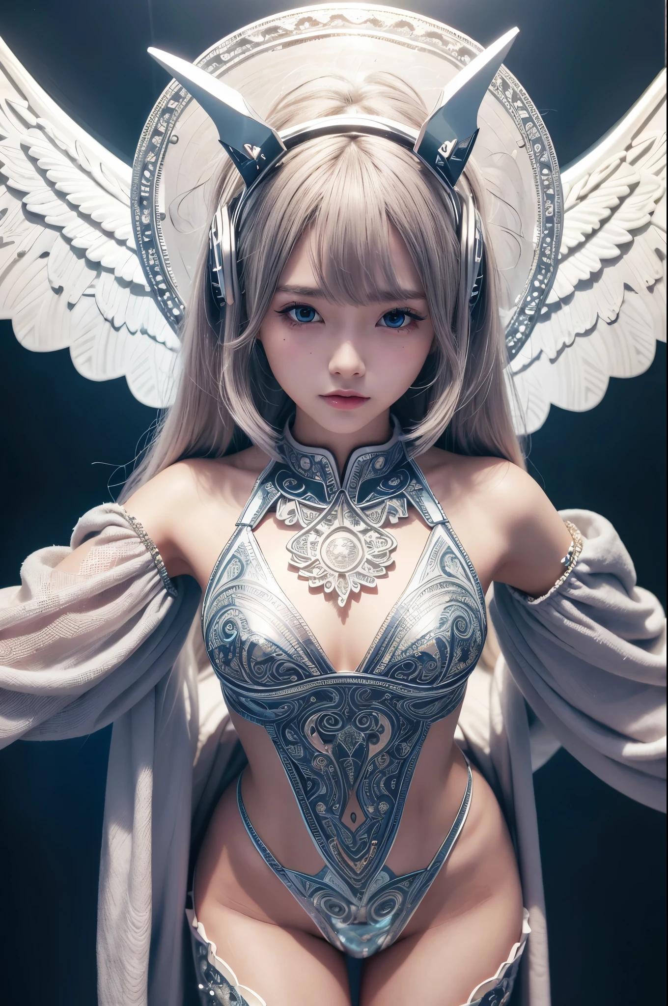 Cyborg, Girl, Beautiful girl, Cute, Sexy, Strong, Slender, Delicate, Smile, (Lolita costume), High legs, Metallic, ultra color, paisley, Headgear, mandalas, Near future, Heaven, angel, feater, wing, Helix lamp