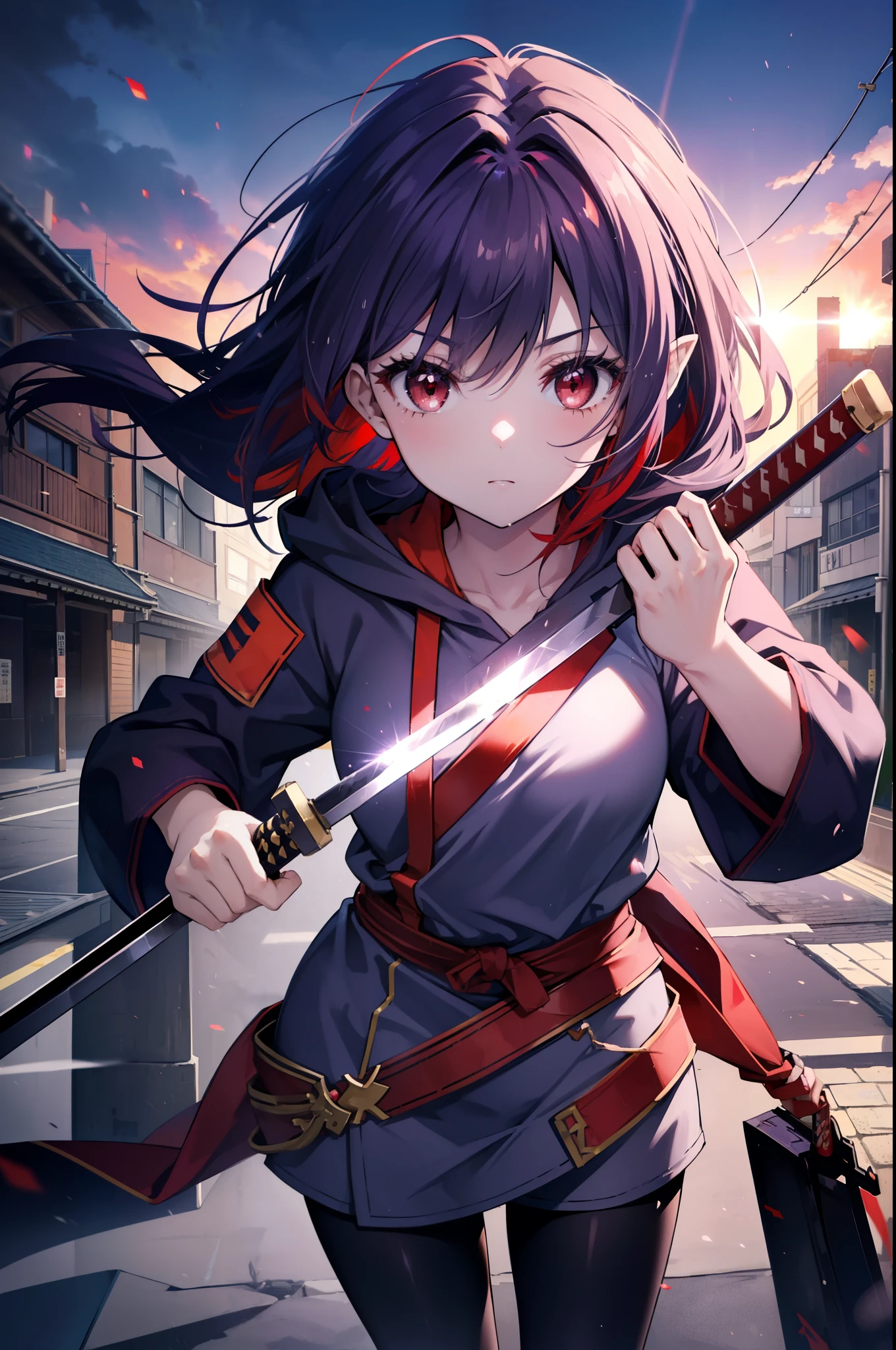 yuukikonno, Yuki Konno, hair band, long hair, pointed ears, purple hair, (red eyes:1.5), (small breasts:1.2), serious,close your mouth,His right hand holds the grip of a Japanese sword.,The left hand holds it from the scabbard.,Japan trying to pull out a sword,purple oversized hoodie hood up,action pose, short denim pants,black knee high socks,short boots,rubble,explosive flame,become obsolete,
break looking at viewer, Upper body, whole body,
break outdoors, In town,building street,,
break (masterpiece:1.2), highest quality, High resolution, unity 8k wallpaper, (figure:0.8), (detailed and beautiful eyes:1.6), highly detailed face, perfect lighting, Very detailed CG, (perfect hands, perfect anatomy),