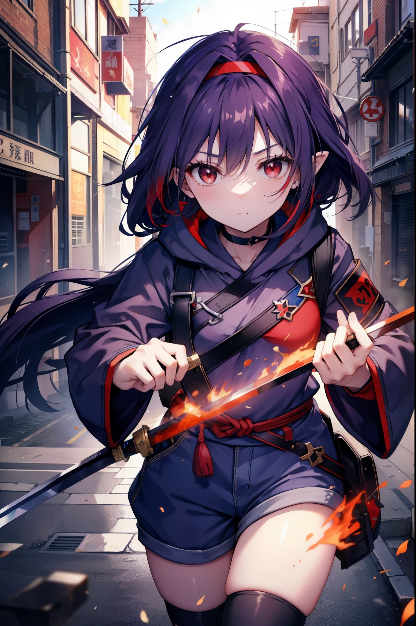 yuukikonno, Yuki Konno, hair band, long hair, pointed ears, purple hair, (red eyes:1.5), (small breasts:1.2), serious,close your mouth,His right hand holds the grip of a Japanese sword.,The left hand holds it from the scabbard.,Japan trying to pull out a sword,purple oversized hoodie hood up,action pose, short denim pants,black knee high socks,short boots,rubble,explosive flame,become obsolete,
break looking at viewer, Upper body, whole body,
break outdoors, In town,building street,,
break (masterpiece:1.2), highest quality, High resolution, unity 8k wallpaper, (figure:0.8), (detailed and beautiful eyes:1.6), highly detailed face, perfect lighting, Very detailed CG, (perfect hands, perfect anatomy),