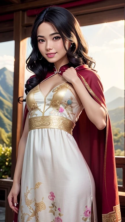 ((best quality: 1.5)) ((masterpiece: 0.8)), intricate details, sharp focus, professional, photorealistic, real life, realistic representation of the face, ((((solo, 1girl) muscular assassin, golden hour, (indian, smiling, god rays, [flat chest:medium breasts:0.6])))) dynamic action pose, homely face, in the style of realistic and hyper detailed renderings, mountain top, evening, setting sun, solo, BREAK; BREAK (((black wavy hair))), (blemish: 0.7), ((fujicolor)), BREAK; BREAK ((((barbie face, looking down, (chinoiserie summer dress), cloak)), photorealistic, hyper-realistic))