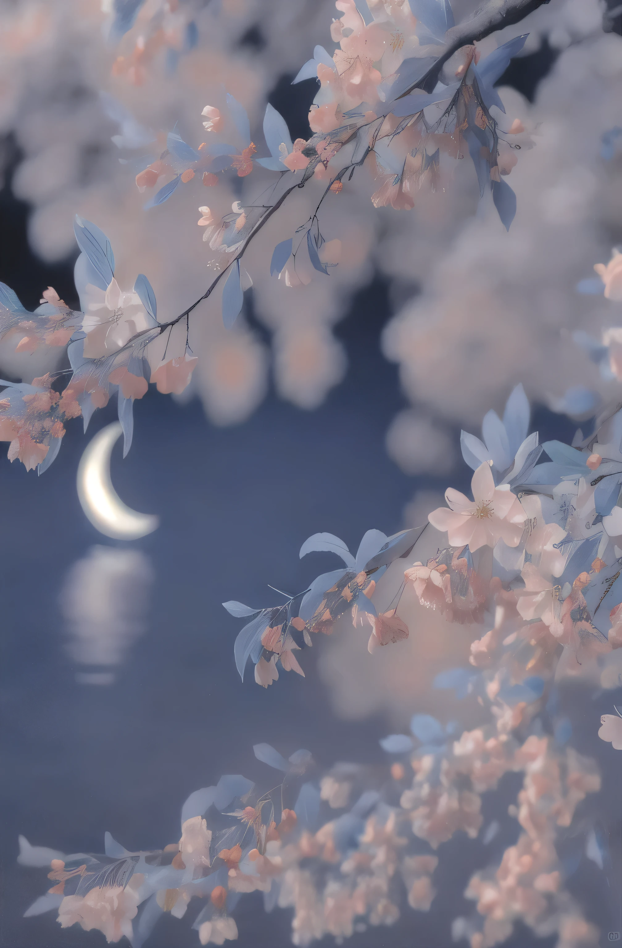 moon flower branch pictures, The night sky is full of flowers, beautiful moonlight 柔和的月光照明, soft blue moonlight, Surreal flower of wisdom, beautiful moonlight, Hungry Ghost Festival, Dream Night, Cherry blossoms in the wind, beautiful moonlight, very beautiful photos, Cherry blossoms