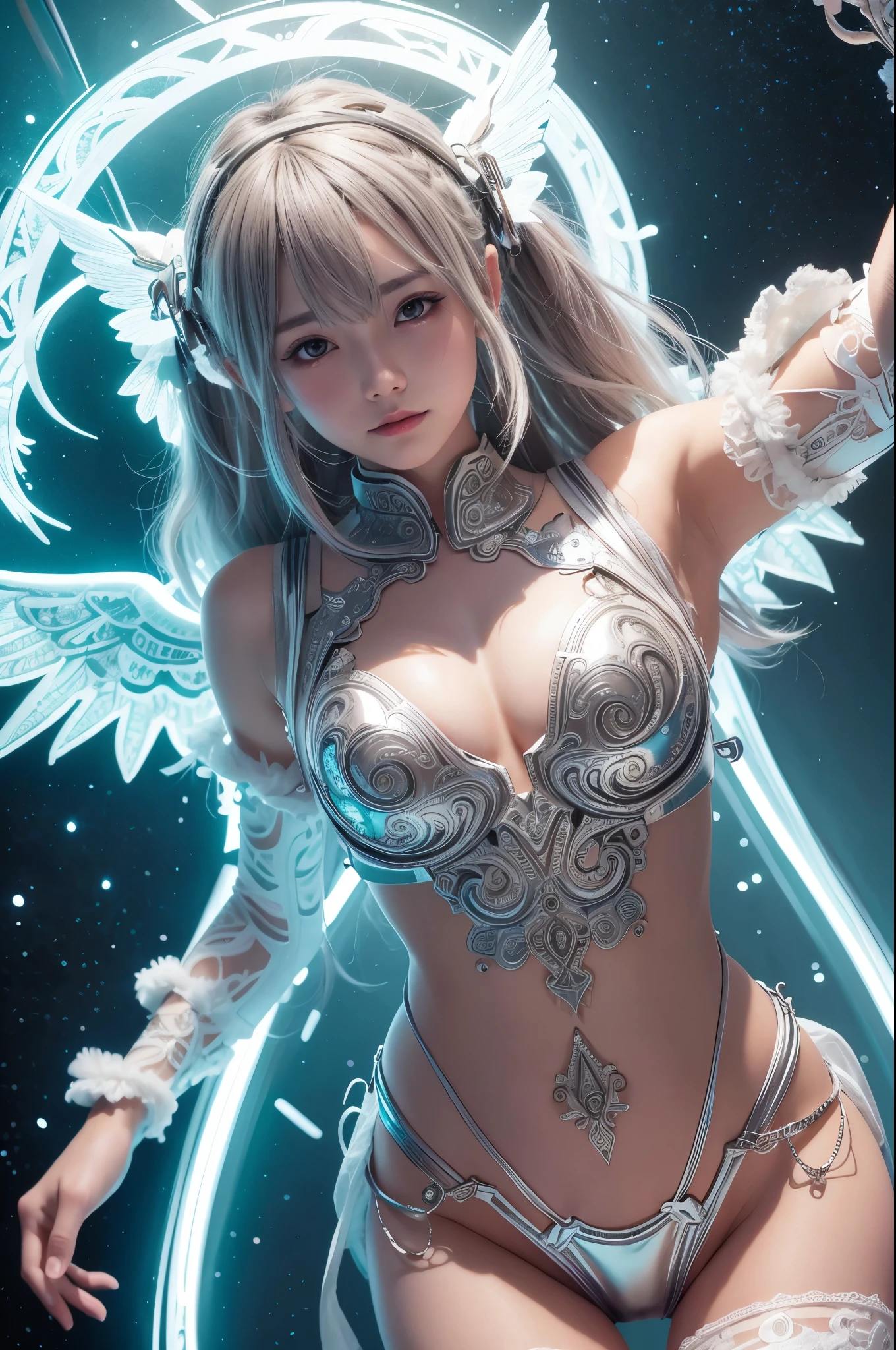 Cyborg, Girl, Beautiful girl, Cute, Sexy, Strong, Slender, Delicate, Smile, (ta costume), High legs, Metallic, ultra color, paisley, Headgear, mandalas, Near future, Heaven, angel, feater, wing, Helix lamp