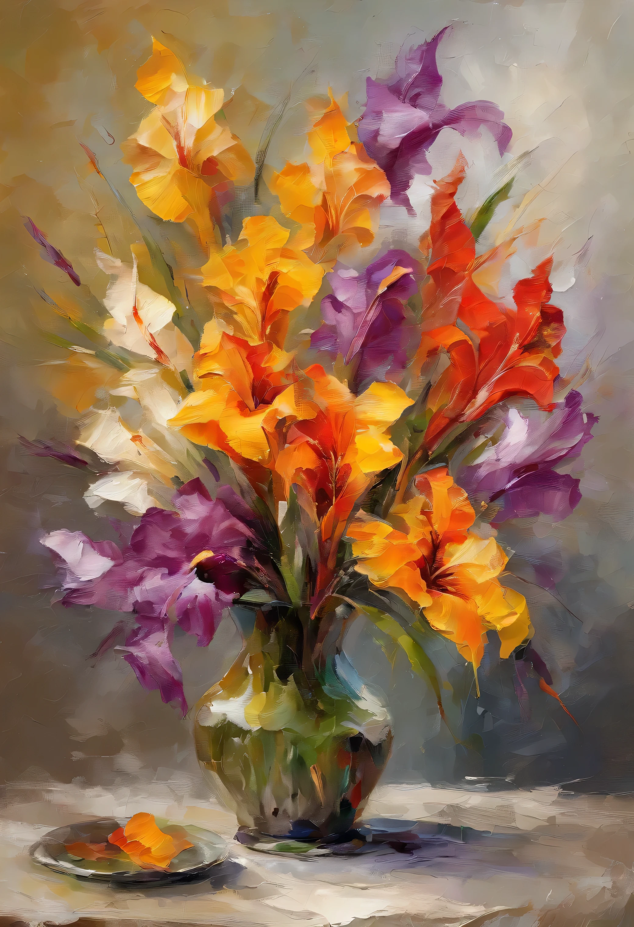 A beautiful Canna Lily flower arrangement in a vase on table, inspired by Pino Daeni, vintage scenery, sketch, drawing, or watercolor artwork impasto style. Perfect reflections. Abstract impasto background, light beige color only
