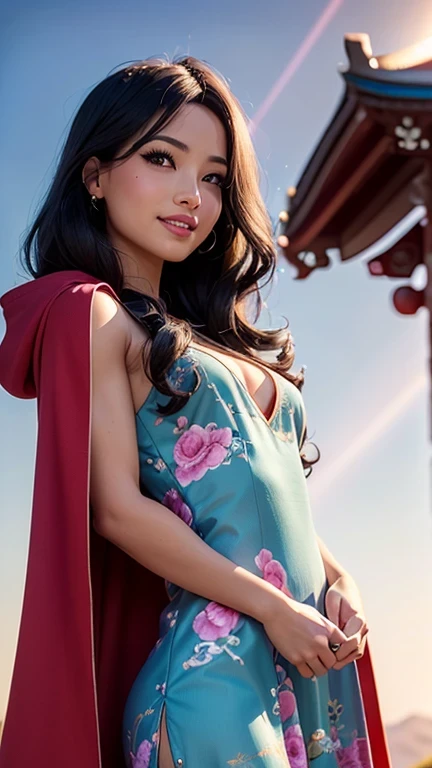 ((best quality: 1.5)) ((masterpiece: 0.8)), intricate details, sharp focus, professional, photorealistic, real life, realistic representation of the face, ((((solo, 1girl) muscular assassin, golden hour, (indian, smiling, god rays, [flat chest:medium breasts:0.6])))) dynamic action pose, homely face, in the style of realistic and hyper detailed renderings, mountain top, evening, setting sun, solo, BREAK; BREAK (((black wavy hair))), (blemish: 0.7), ((fujicolor)), BREAK; BREAK ((((barbie face, looking down, (chinoiserie summer dress), cloak)), photorealistic, hyper-realistic))