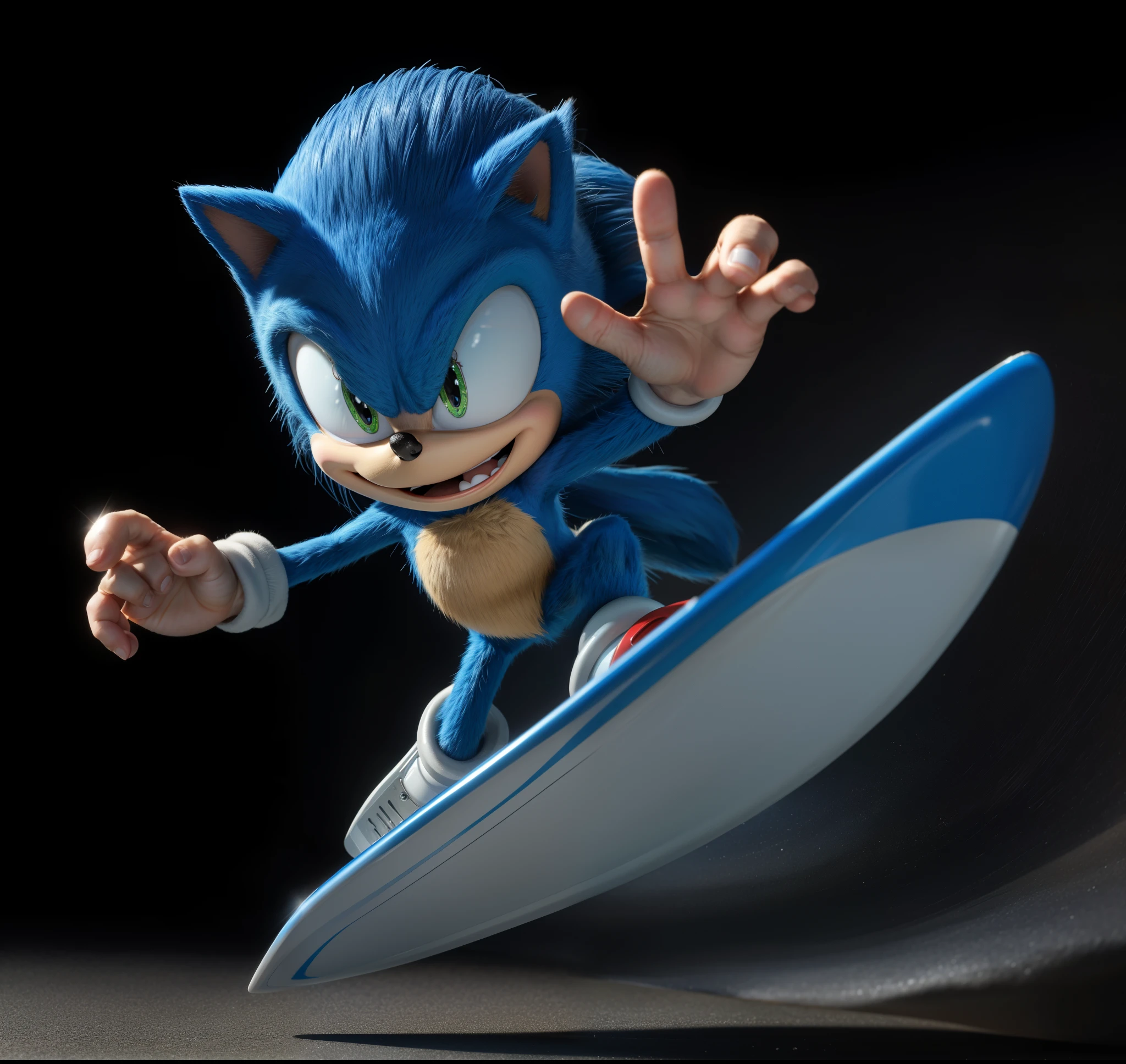 sonic the hedgehog is riding a surfboard on a black background, in the new action-movie sonic, from sonic, movie sonic, sonic the hedgehog, glossy blue fur, reflective, light, light, best quality, 4k, masterpiece:1.2, ultra-detailed, realistic, vivid colors, The image of the highest quality, ensuring every detail showcased perfectly. It in 4k resolution, allowing viewers to immerse themselves in the richness of the colors and intricate details. The realistic rendering.  reflecting, high-resolution image,  sharp post effects render, (glossy plastic texture), perfect cgi, smooth silhouette, high intensity refraction, (super glossy plastic material), most beautiful vfx, , realistic, 4k, 

