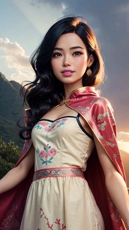 ((best quality: 1.5)) ((masterpiece: 0.8)), intricate details, sharp focus, professional, photorealistic, real life, realistic representation of the face, ((((solo, 1girl) muscular assassin, golden hour, (indian, smiling, god rays, [flat chest:medium breasts:0.6])))) dynamic action pose, homely face, in the style of realistic and hyper detailed renderings, mountain top, evening, setting sun, solo, BREAK; BREAK (((black wavy hair))), (blemish: 0.7), ((fujicolor)), BREAK; BREAK ((((barbie face, looking down, (chinoiserie summer dress), cloak)), photorealistic, hyper-realistic))
