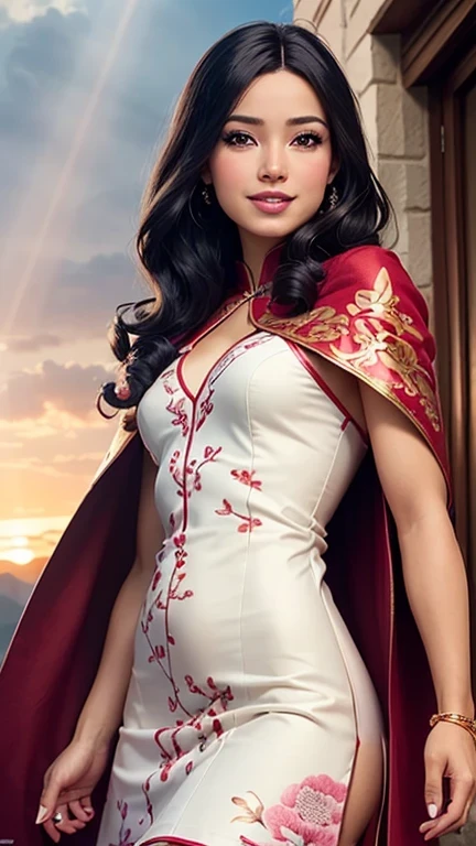 ((best quality: 1.5)) ((masterpiece: 0.8)), intricate details, sharp focus, professional, photorealistic, real life, realistic representation of the face, ((((solo, 1girl) muscular assassin, golden hour, (indian, smiling, god rays, [flat chest:medium breasts:0.6])))) dynamic action pose, homely face, in the style of realistic and hyper detailed renderings, mountain top, evening, setting sun, solo, BREAK; BREAK (((black wavy hair))), (blemish: 0.7), ((fujicolor)), BREAK; BREAK ((((barbie face, looking down, (chinoiserie summer dress), cloak)), photorealistic, hyper-realistic))