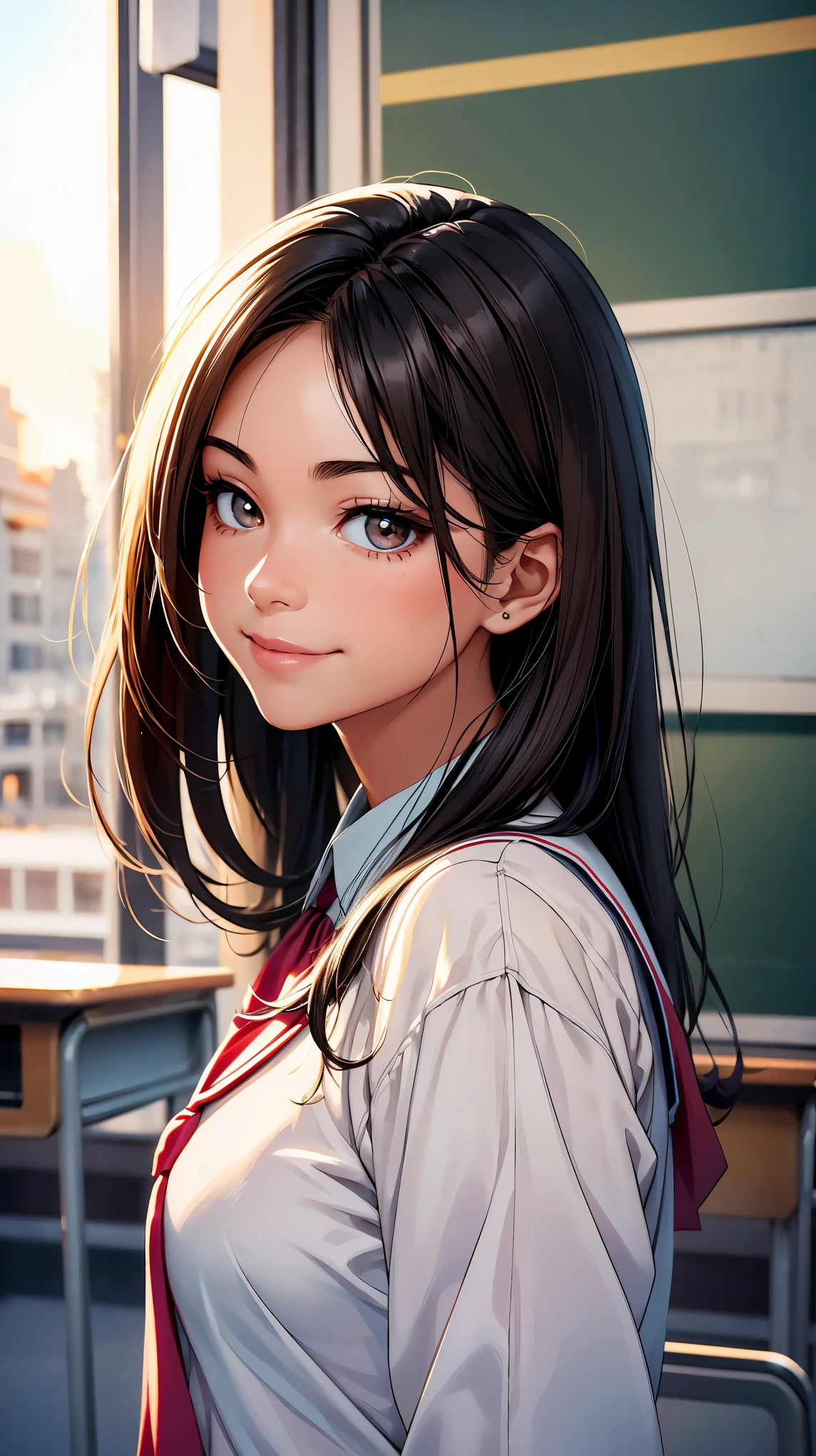 concept:A portrait of a beautiful woman。 quality:(最高quality, 4k, High resolution, masterpiece:1.2), Super detailed, (real, photorealistic:1.37), illumination:cinematic light, Bright colors and mesmerizing effects, 柔らかく繊細なillumination, gentle shine, Lens flare, Subject information:alone, ((young woman)), (narrow eyes), (small face), (high detail skin:1.2), long eyelashes, glossy lips, (blonde, long wavy hair, blue eyes), slim body shape:1.4, Highly detailed face and skin texture, (Happy smile:1.2), facing the front:1.2, photo shootのためポーズをとる, (((high school uniform:1.2, dark blue jacket, open jacket, white shirt, deep blue plaid skirt, seductive thighs))), Other details:after school:1.5, sit on the stairs:1.2, beautiful skin, shiny skin, perfect fingers, five fingers, anatomically correct, background bokeh, Lens flare, 500㎜, f/4, photo shoot,
