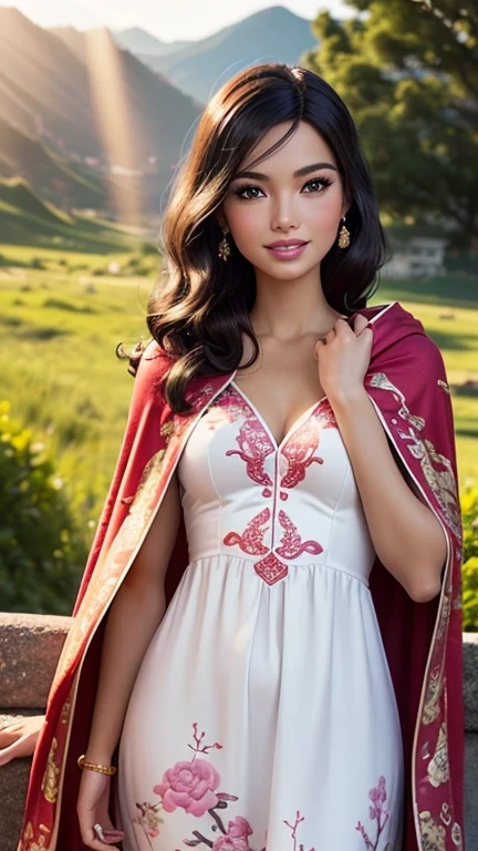 ((best quality: 1.5)) ((masterpiece: 0.8)), intricate details, sharp focus, professional, photorealistic, real life, realistic representation of the face, ((((solo, 1girl) muscular assassin, golden hour, (indian, smiling, god rays, [flat chest:medium breasts:0.6])))) dynamic action pose, homely face, in the style of realistic and hyper detailed renderings, mountain top, evening, setting sun, solo, BREAK; BREAK (((black wavy hair))), (blemish: 0.7), ((fujicolor)), BREAK; BREAK ((((barbie face, looking down, (chinoiserie summer dress), cloak)), photorealistic, hyper-realistic))
