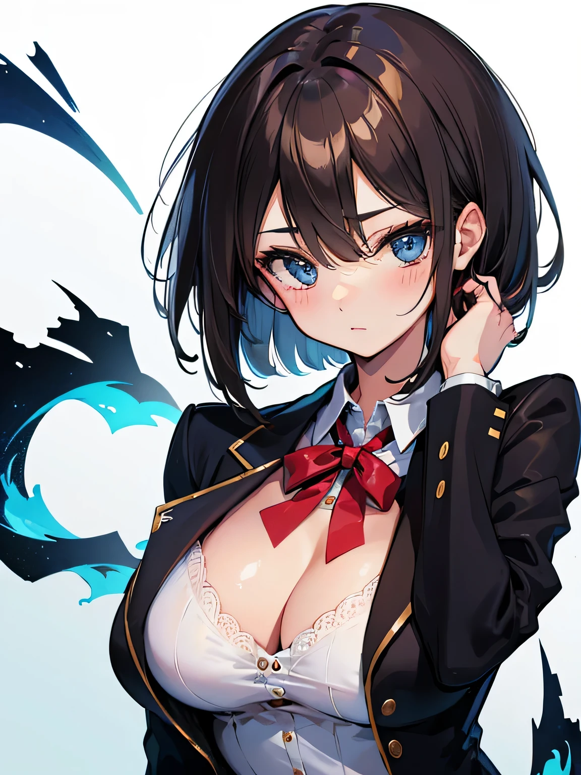 (highest quality), (Super detailed), (Best Illustration), (beautiful girl), (((From before))), (Upper body), (black blazer), (big breasts), brown hair, bob cut, hair between eyes, messy hair, blush all over the face, blue eyes, ((white background)),