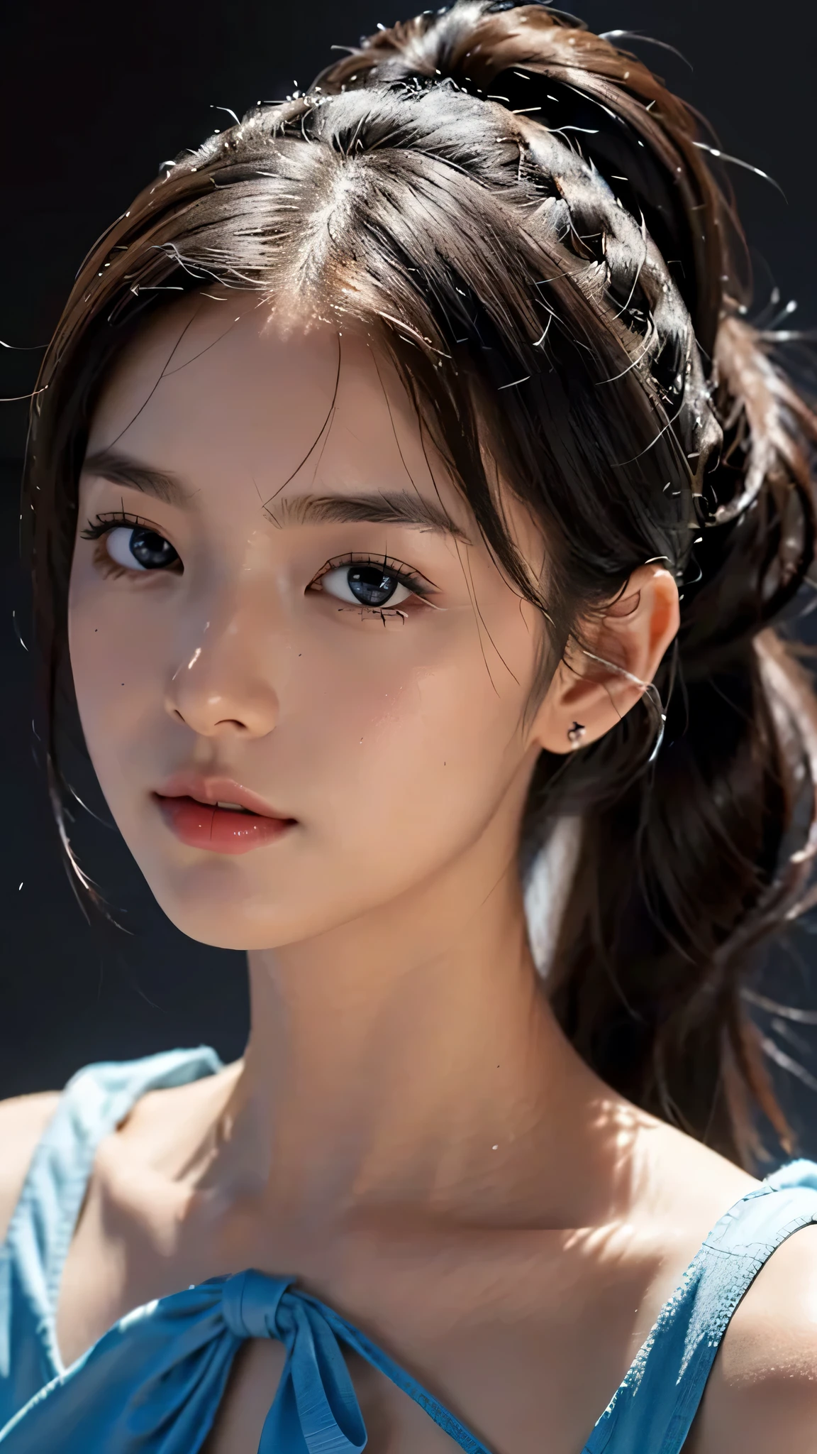 One woman,fully body photo,masutepiece, The highest image quality, High quality, the background is clear,Beautiful woman, Japanese, Detailed, Detailed eyes, Detailed skin, Beautiful skin, 超hight resolution, (reality: 1.4),Very beautiful woman, Slightly younger face, Beautiful skin, slender, (Ultra photo realsisim), (hight resolution), (8K), (Very detailed) (beautifully detailed eyes), (super detailed), (Detailed face), view the viewer, Fine details, Detailed face, Staring straight ahead, Staring straight ahead, photos realistic, Bright lighting, Professional Lighting, Black hair,poneyTail,a baby face,sixteen years old,Hairstyle is ponytail,long ponytail hairstyle,slight smile,cute orange dress with frills,standing on the stage,Skin exposure is modest,have a microphone,So that the whole body can be seen,orange ribbon on head