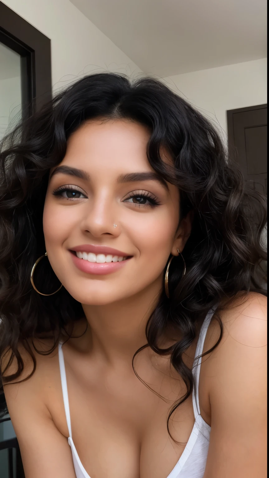 a photograph of a curly black-haired woman, ojos azules, sonrisa hermosa