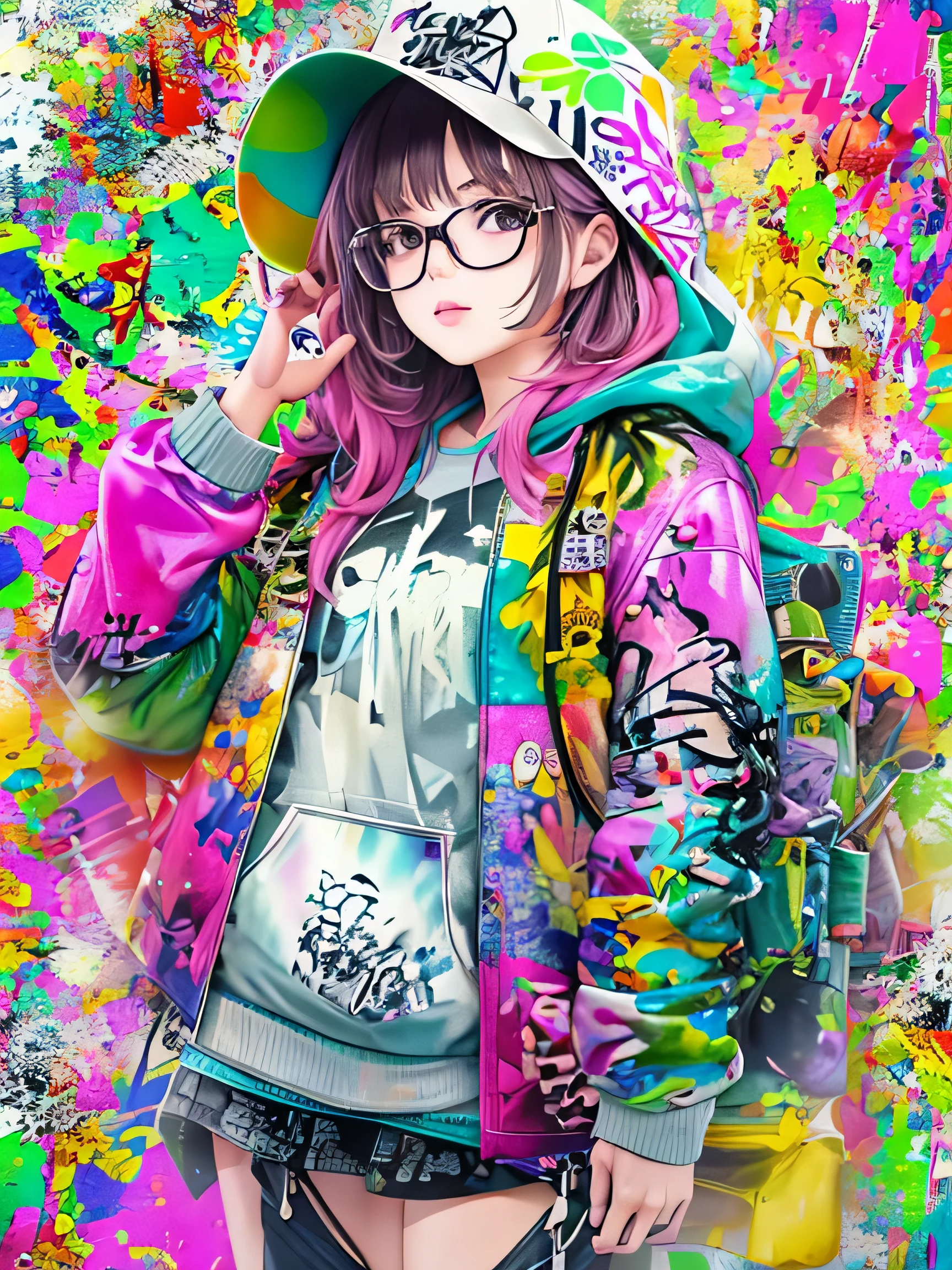 8K quality, watercolor painting, stylish design, (((The strongest beautiful girl of all time))), (((Japanese)))、AKB48、stylish glasses, Fashionable hats, (((highest quality))), bob hair, HDR, ((Detailed details)), oversized hoodie, detailed clothing texture, (((graffiti art))), colorful hair, ((masterpiece))、((Super detailed))、colorful flowers、bright future