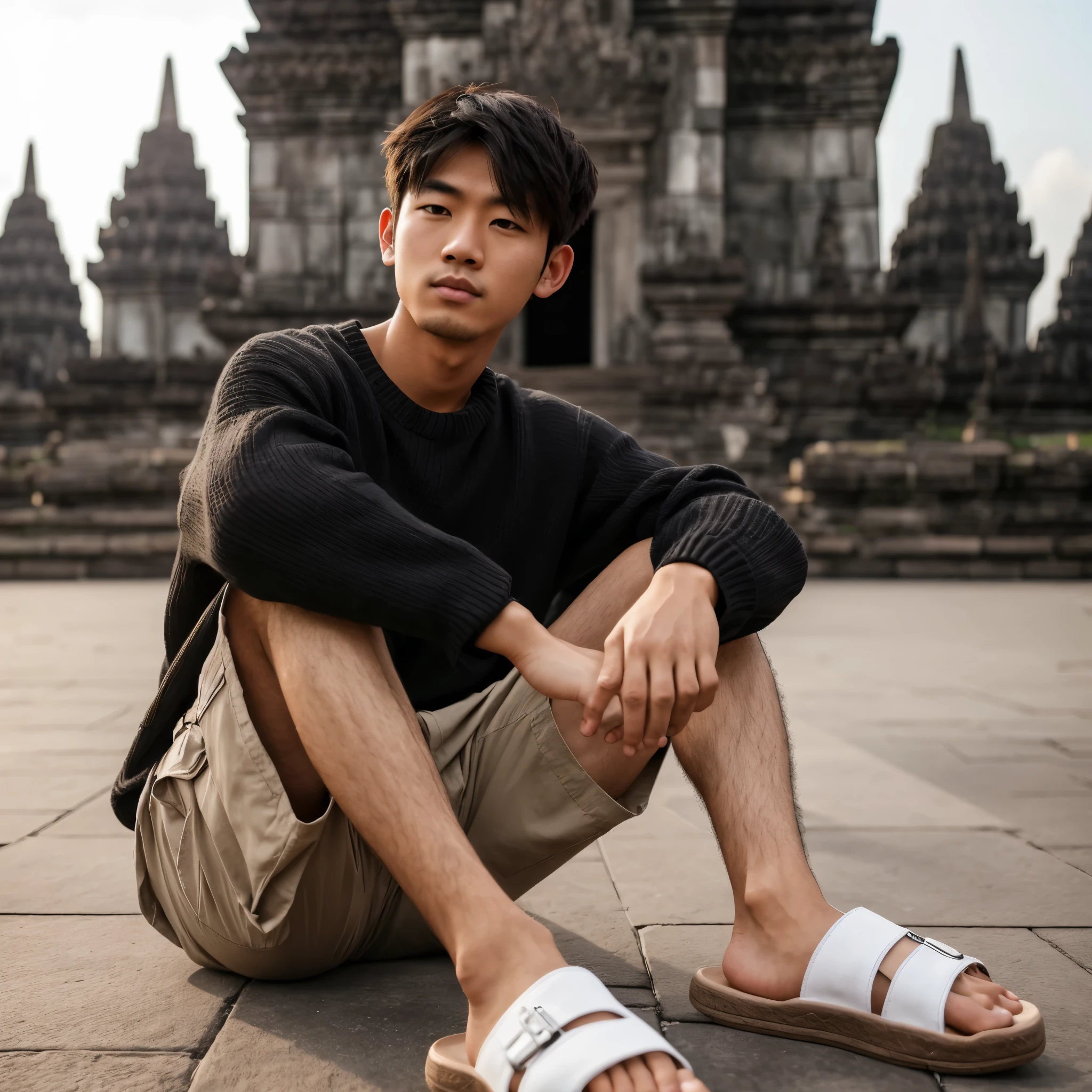 Create a photo of a young Asian man with short hair, wearing a black sweater, cream-colored cargo shorts, white slip-on sandals, sitting casually in front of the entrance to Prambanan Temple in Indonesia, during the late afternoon, hyper-realistic, cinematic, high-resolution 8K UHD.