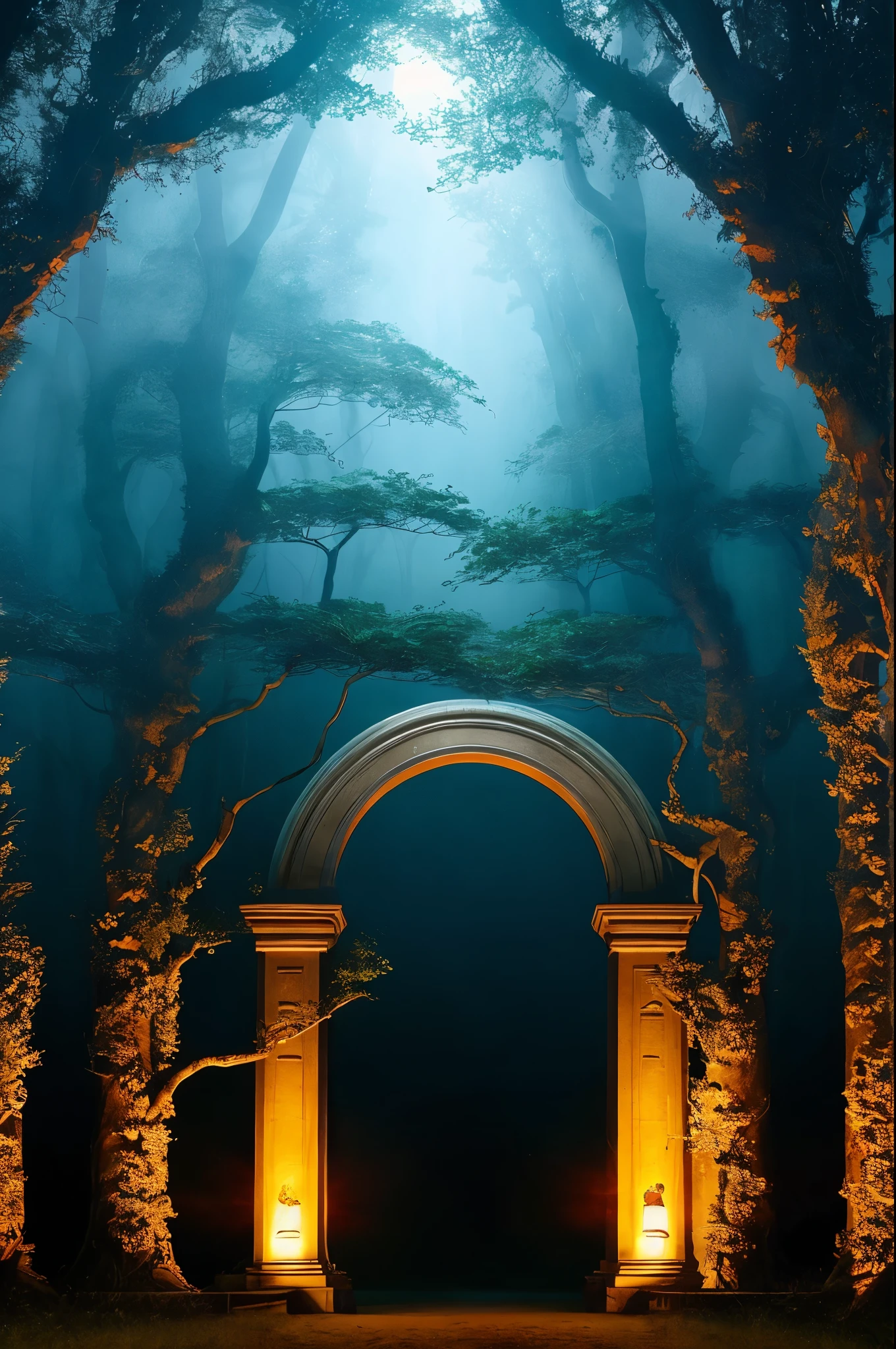 View of the bridge over the river with its reflection in the water, portal to another world, mysterious setting, forest portal, A world that can only be seen through portals, fairyland bridge, stone bridge, dream portal, Symmetrical fantasy landscape, View through the portal, Magic Portal, Entrance to another dimension, magic portal to another world, bridge over the water, wonderland portal