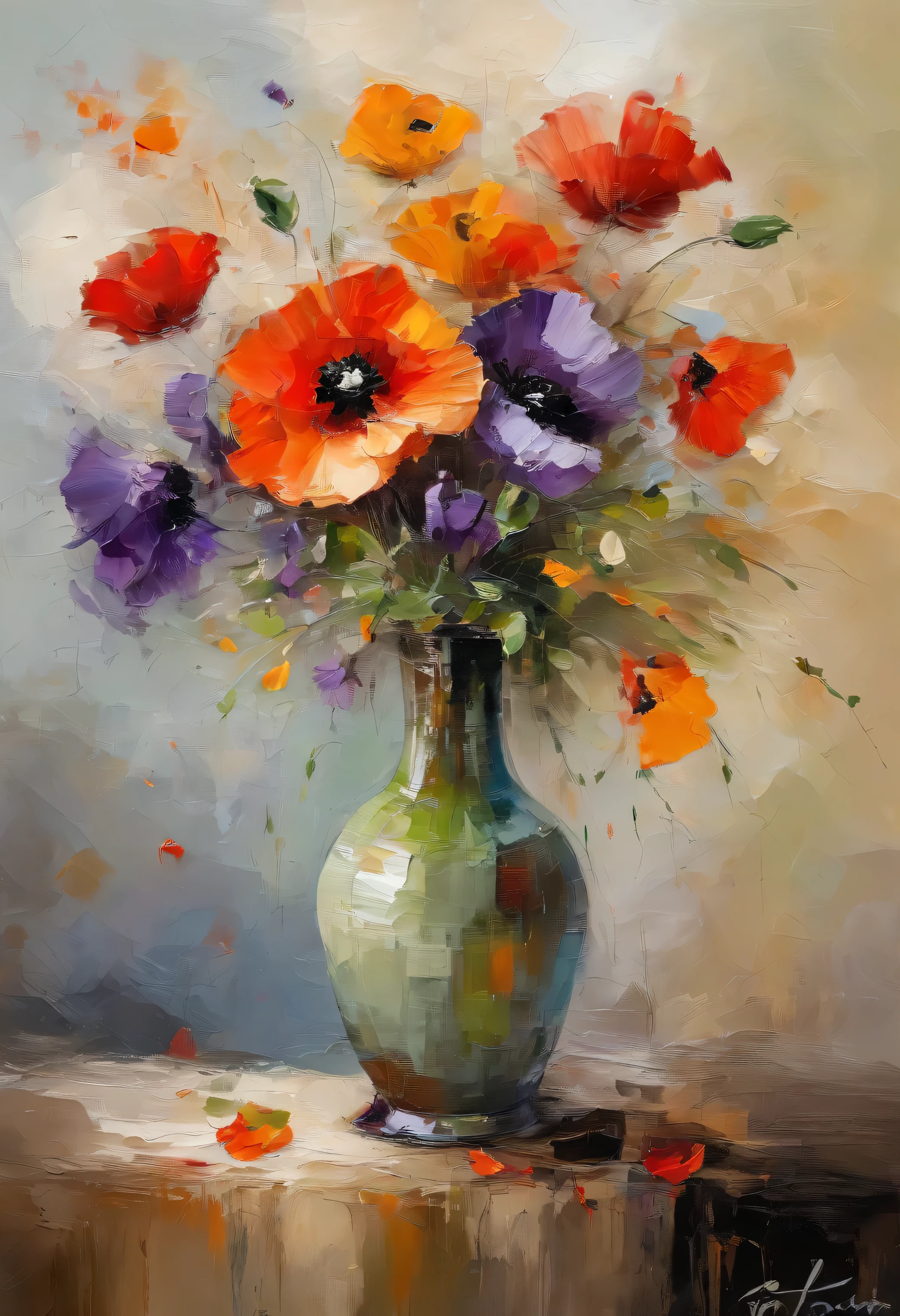
oil painting with palette knife, oil painting on canvas, flowers and fruits, scarlet morning glory, lemons and purple figs, drawing with large strokes, impressionism, The Game of the World, high detail, The work of the wizard