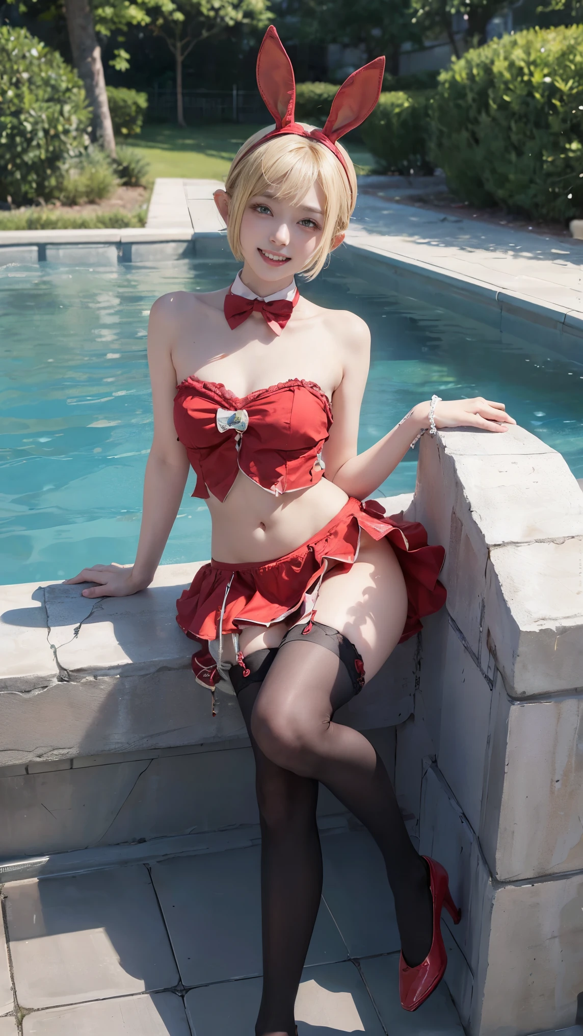 (masterpiece, highest quality, highest quality, official art, beautiful blonde hair、short bob hair、rabbit ear band、milky white skin、Fishing eyes、pointed ears、girl、、smile、目眩のするsmile、smile showing teeth、thin arms、small bust、slender upper body、thin waist、small hips、thin thighs、thin lower body、red bow tie、Bunny girl、black stockings、high heels、put something on your head、Poolside、cowboy shot、full body shot、dancing