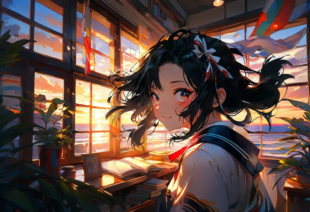 1girl, black hair、black eye、sailor suit、Japanese、classroom、sunset、emotional、stand near the window、Look at me and smile、Backlight、smile、fluttering in the wind、the window is open