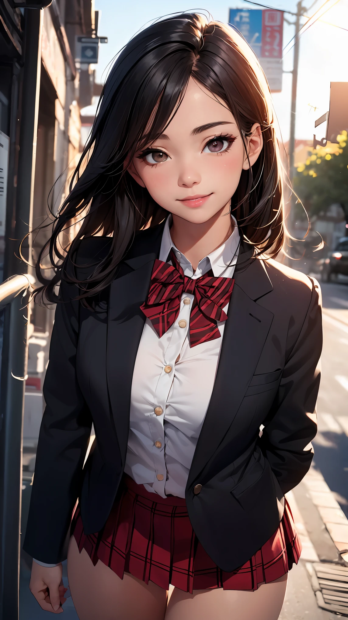 concept:A portrait of a beautiful woman。
quality:(最高quality, 4k, High resolution, masterpiece:1.2), Super detailed, (real, photorealistic:1.37),
illumination:cinematic light, Bright colors and mesmerizing effects, 柔らかく繊細なillumination, gentle shine, Lens flare, Beautiful and gentle atmosphere throughout the scene,
Subject information:alone, ((young woman)), (round eyes), (small face), (high detail skin:1.2), long eyelashes, glossy lips, (black hair, long straight, reddish brown eyes), slim body shape:1.4, Highly detailed face and skin texture, (Happy smile:1.2), facing the front:1.2, photo shootのためポーズをとる, (((red bow tie, high school uniform:1.2, black jacket, open jacket, white shirt, plaid skirt, seductive thighs))),
Other details:after school:1.5, standing pose:1.2, beautiful skin, shiny skin, perfect fingers, five fingers, anatomically correct, background bokeh, Lens flare, 500㎜, f/4, photo shoot,