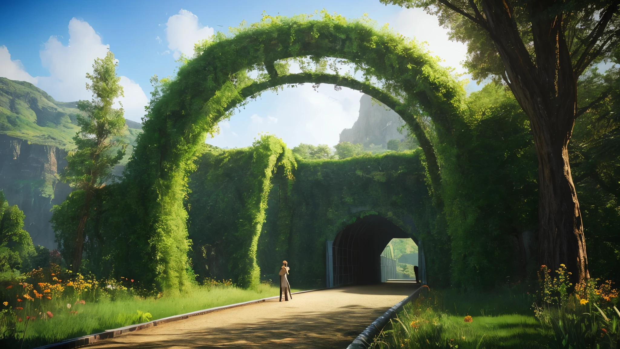 View of the bridge over the river with its reflection in the water, portal to another world, mysterious setting, forest portal, A world that can only be seen through portals, fairyland bridge, stone bridge, dream portal, Symmetrical fantasy landscape, View through the portal, Magic Portal, Entrance to another dimension, magic portal to another world, bridge over the water, wonderland portal